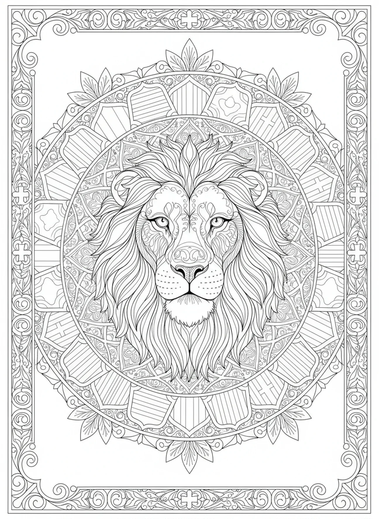 Leão majestoso simbolizando coragem, página para colorir 2 Timóteo 1:7 no estilo de journaling bíblico para adultos