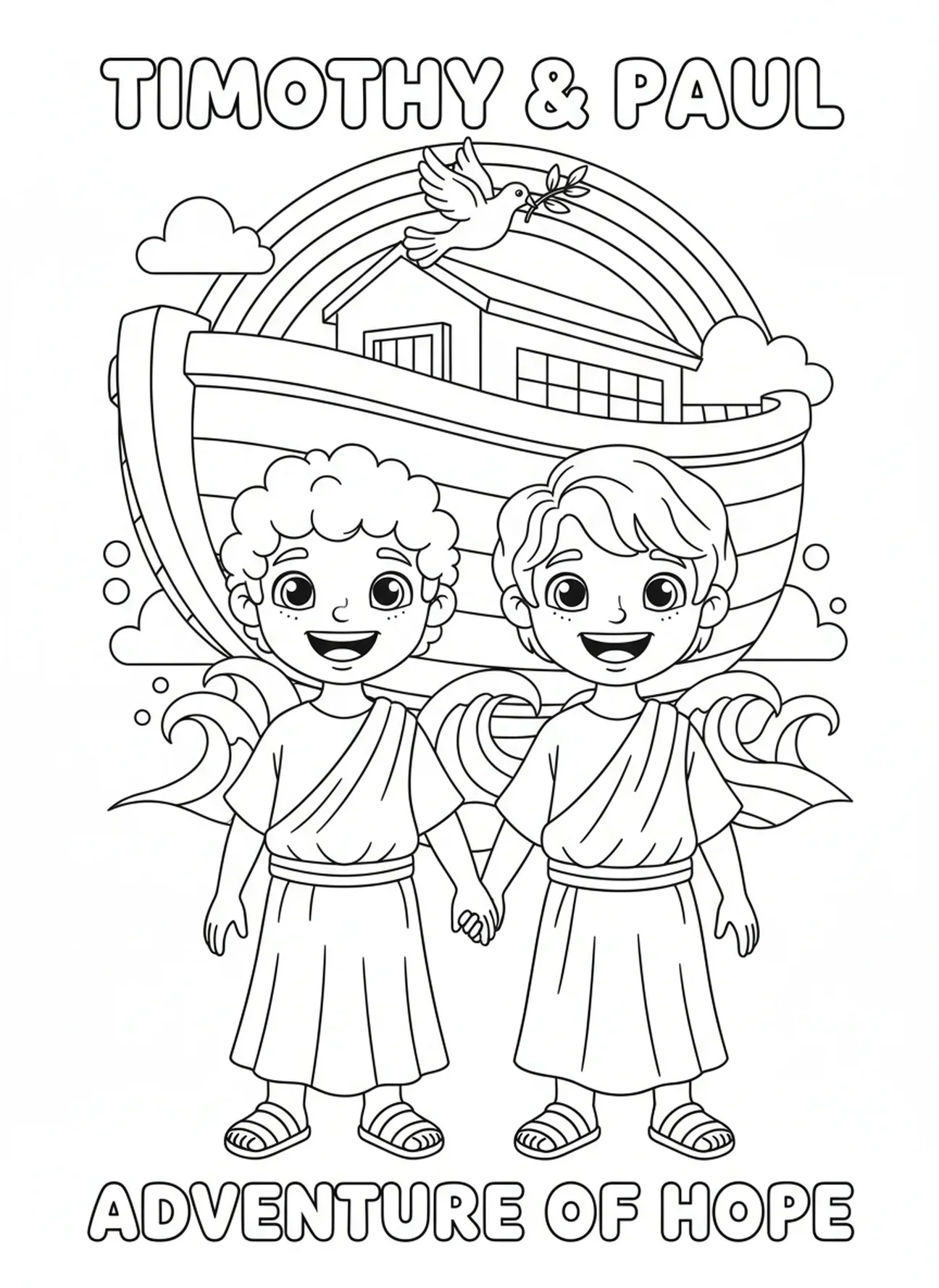 Timóteo e Paulo juntos, página para colorir de 2 Timóteo 1:7 para crianças de 5 a 10 anos.