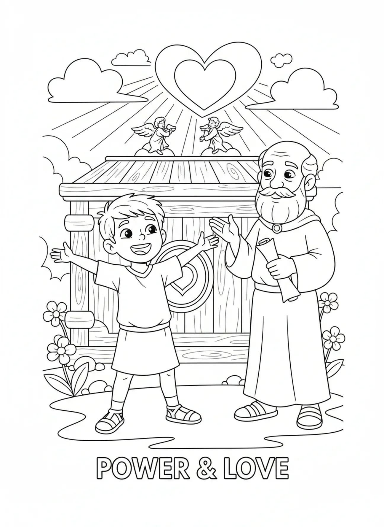 Timóteo abrindo os braços, página para colorir de 2 Timóteo 1:7 para crianças de 5 a 10 anos.