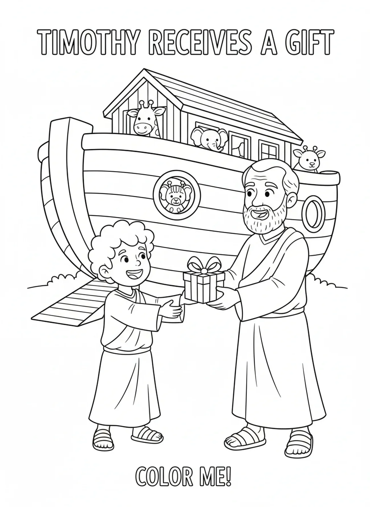 Timóteo recebendo um presente de Paulo, página para colorir de 2 Timóteo 1:7 para crianças de 5 a 10 anos.