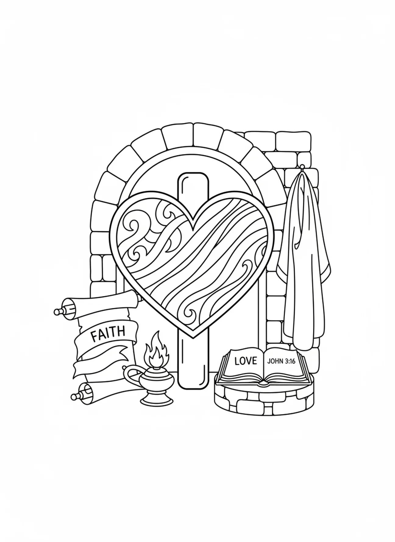 Símbolos de fé e amor, página para colorir 2 Timóteo 1:7 para crianças da Escola Dominical de 5 a 12 anos