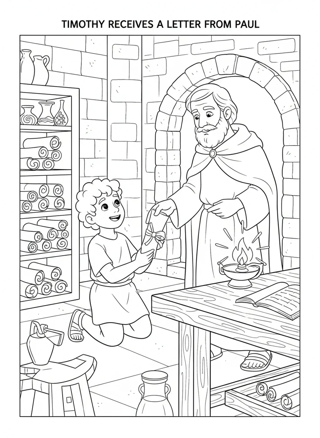 Timóteo recebendo carta, página para colorir de 2 Timóteo 1:7 para crianças da Escola Dominical de 5 a 12 anos