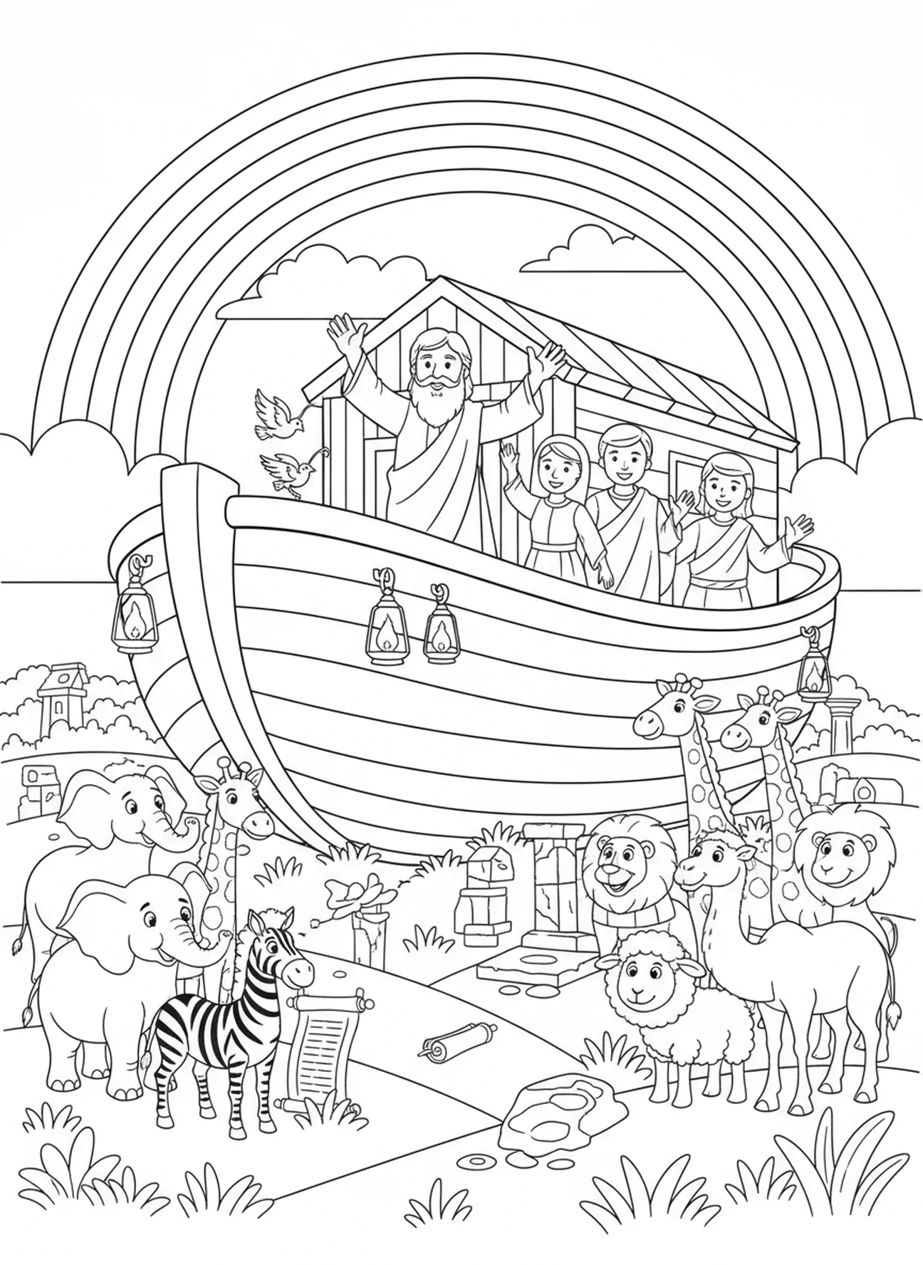Arc-en-ciel au-dessus de l'arche, page à colorier 'Tout concourt au bien' pour les enfants de catéchisme âgés de 5 à 12 ans