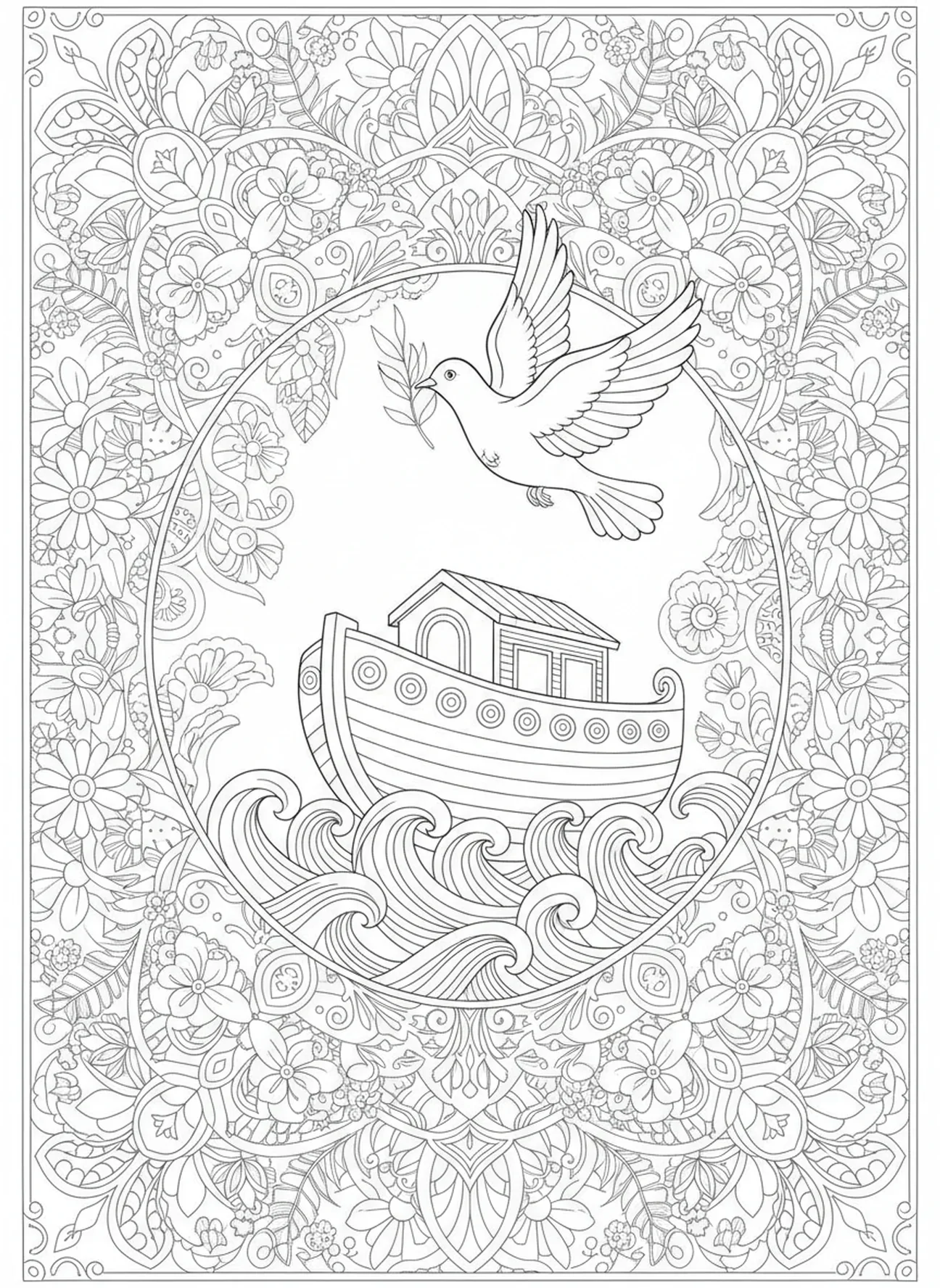 Paloma con rama de olivo, página para colorear 'Estad quietos y conoced' estilo de journaling bíblico para adultos