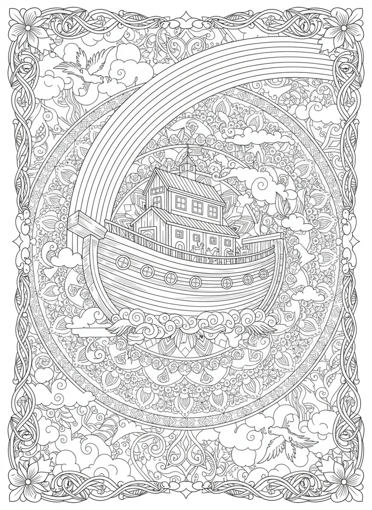 Arcoíris sobre el arca, página para colorear Sé Quieto y Conoce para adultos estilo de journaling bíblico