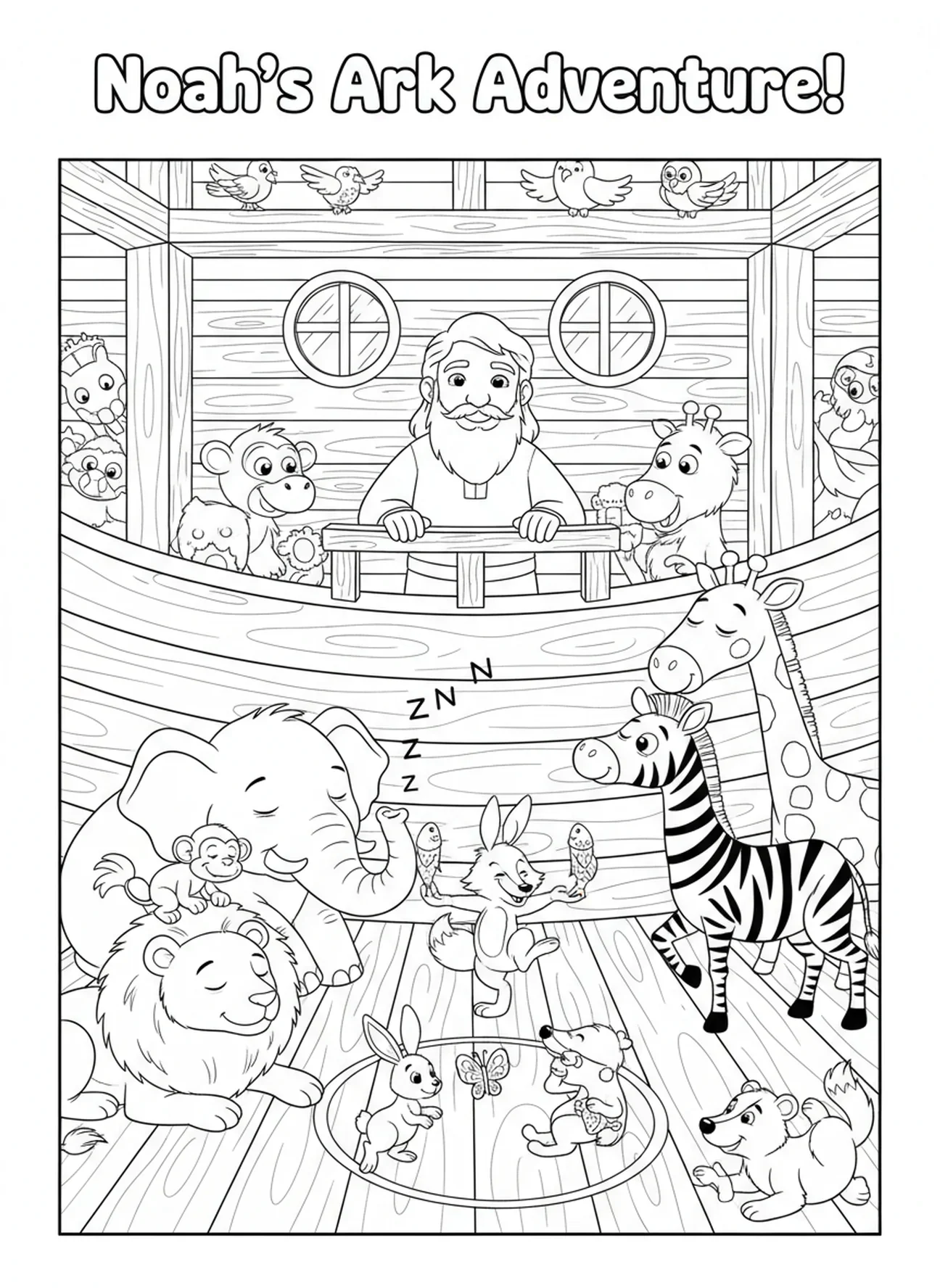 Tiere in der Arche, Sei still und erkenne, Ausmalbild für Kinder im Alter von 5-10 Jahren
