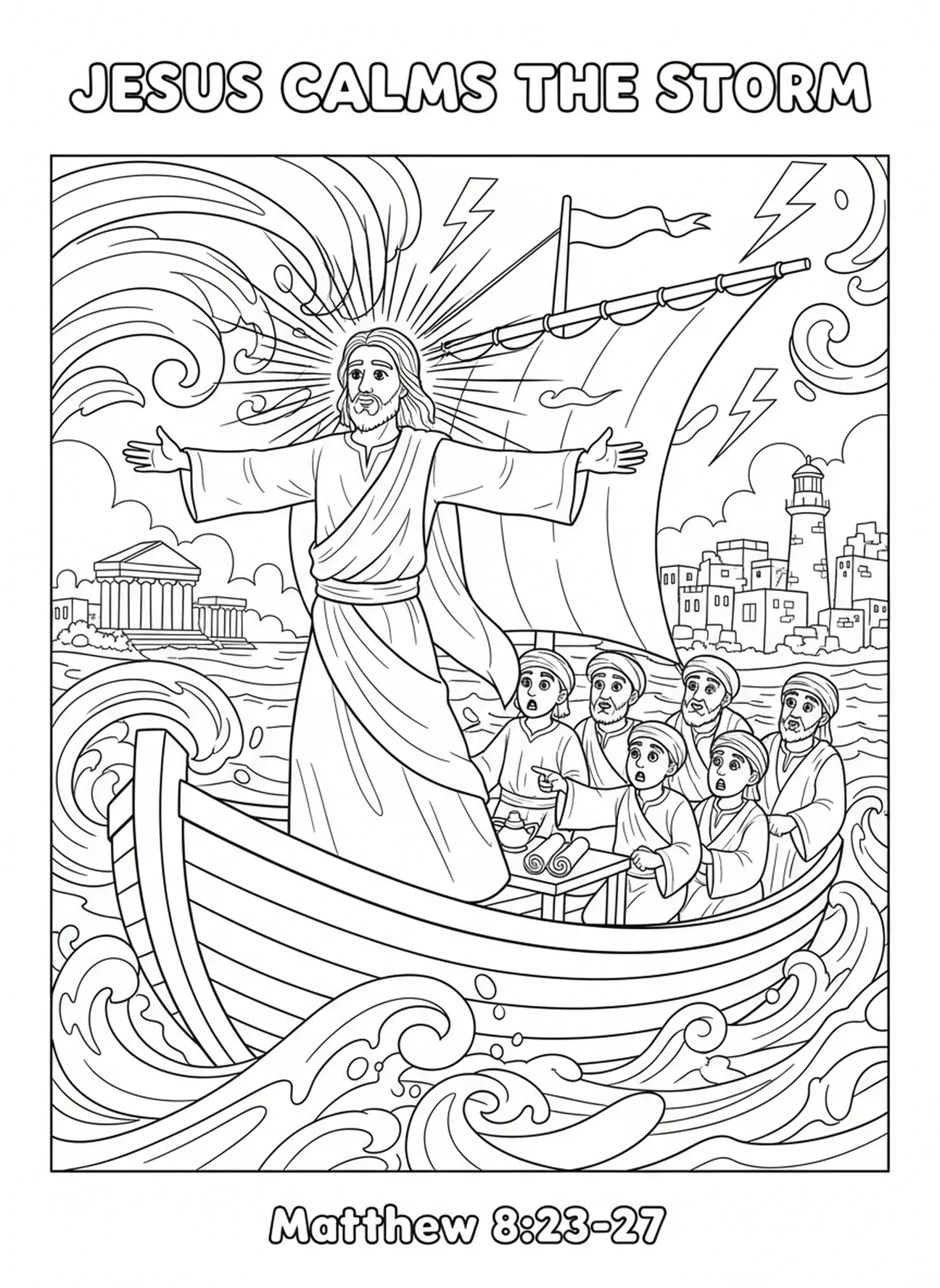 Jesus ordenando aos ventos, página para colorir 'Acalma-te e Sabe' para crianças da Escola Dominical de 5 a 12 anos