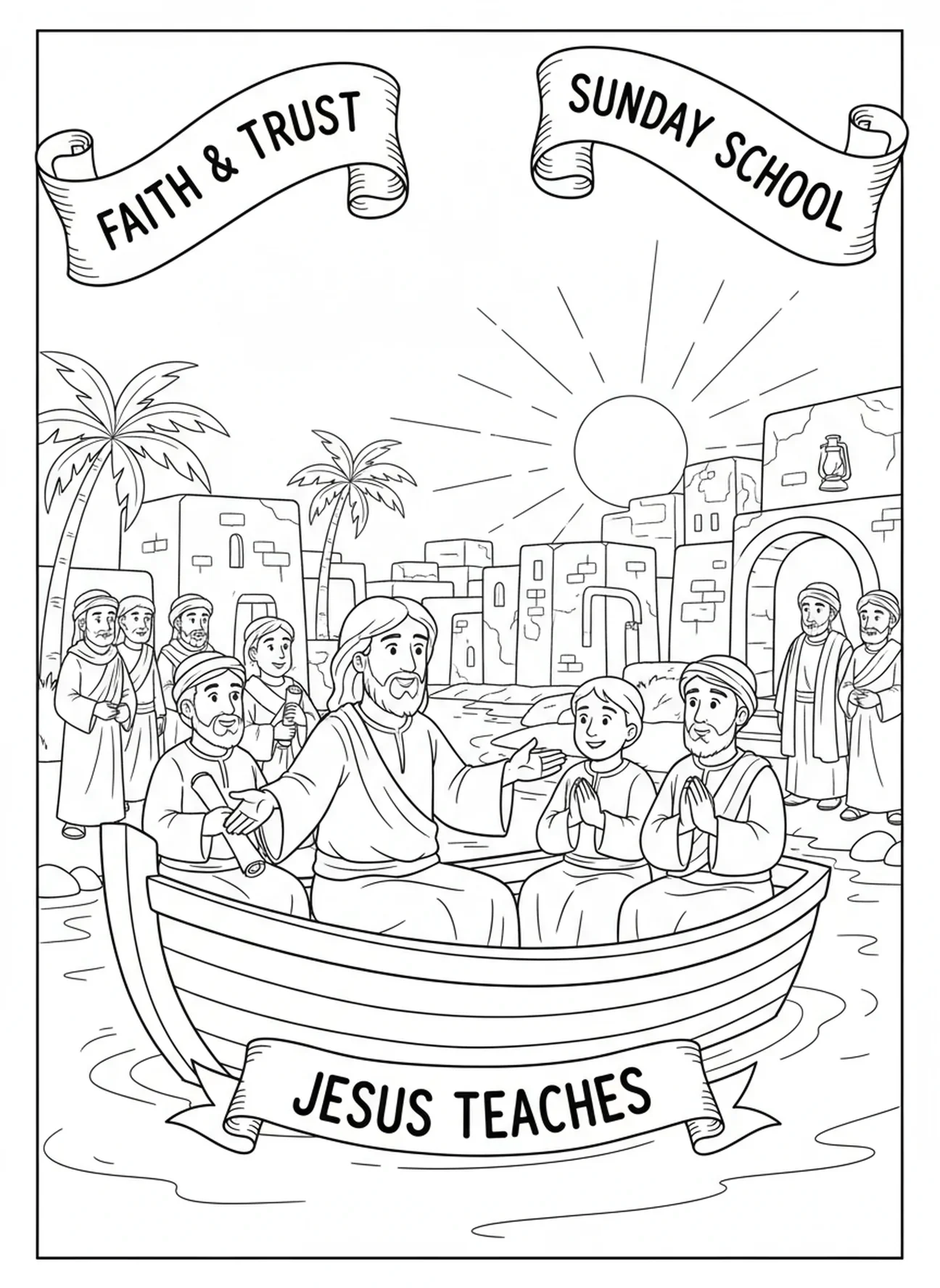 Jesus ensinando os discípulos, página de colorir 'Aquietai-vos e Sabei' para crianças da Escola Dominical de 5 a 12 anos