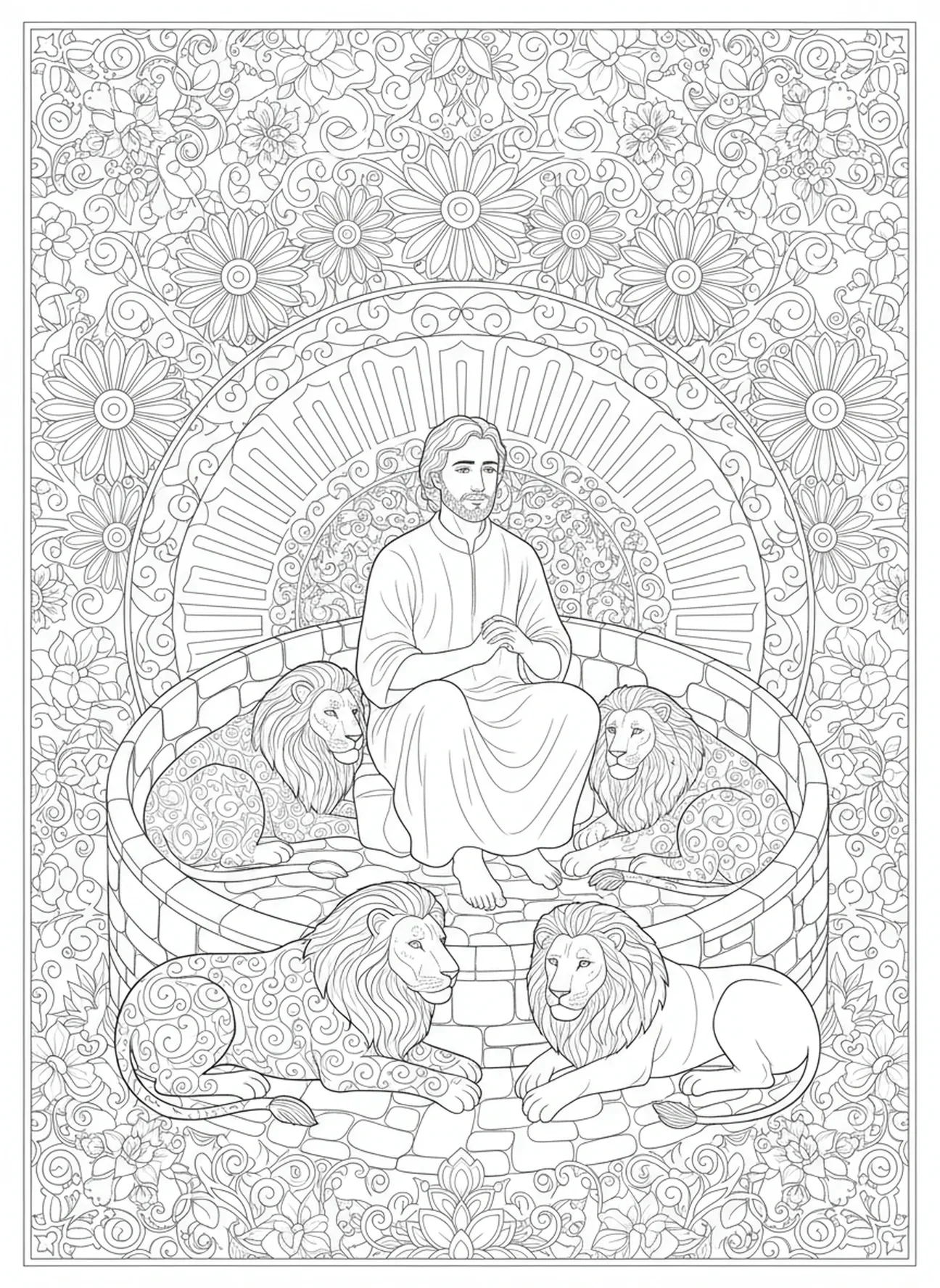 Daniel zwischen Löwen, Sei stark und mutig Ausmalbild für Erwachsene im Bibel-Journaling-Stil.