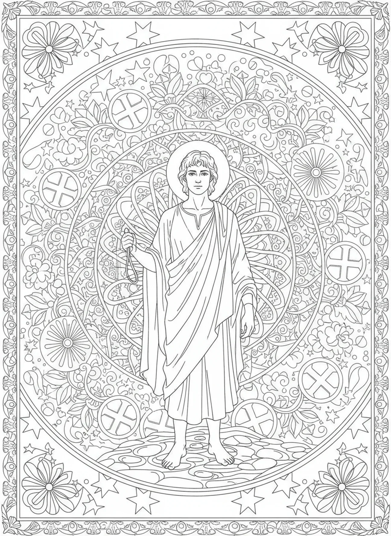 David mit Schleuder, Sei stark und mutig Ausmalbild für Erwachsene im Bibel-Journaling-Stil.
