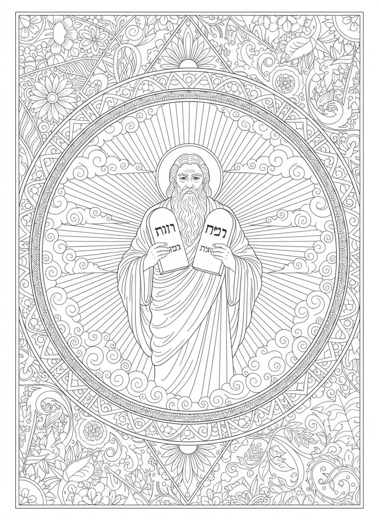 Gott mit den Geboten, Sei stark und mutig Ausmalbild für Erwachsene im Stil des Bibeljournaling.
