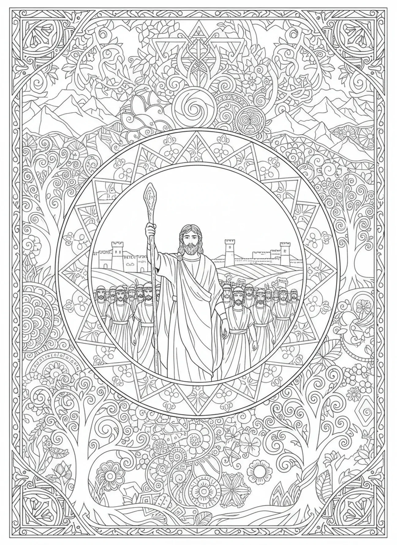 Josua mit dem Stab, Sei stark und mutig Ausmalbild für Erwachsene im Bibel-Journaling-Stil.