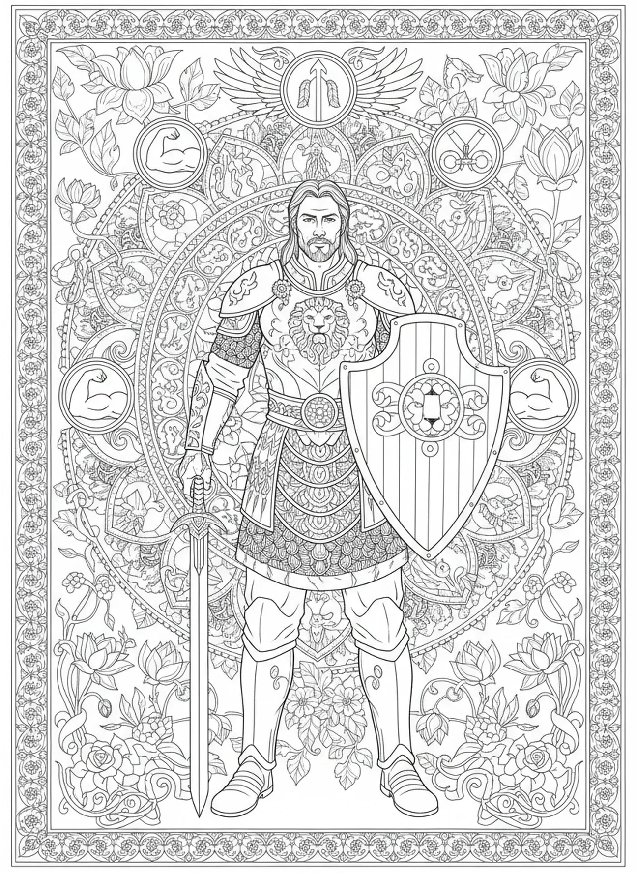 Joshua in Rüstung, Sei Stark und Mutig Ausmalbild für Erwachsene im Stil des Bibel-Journalings.