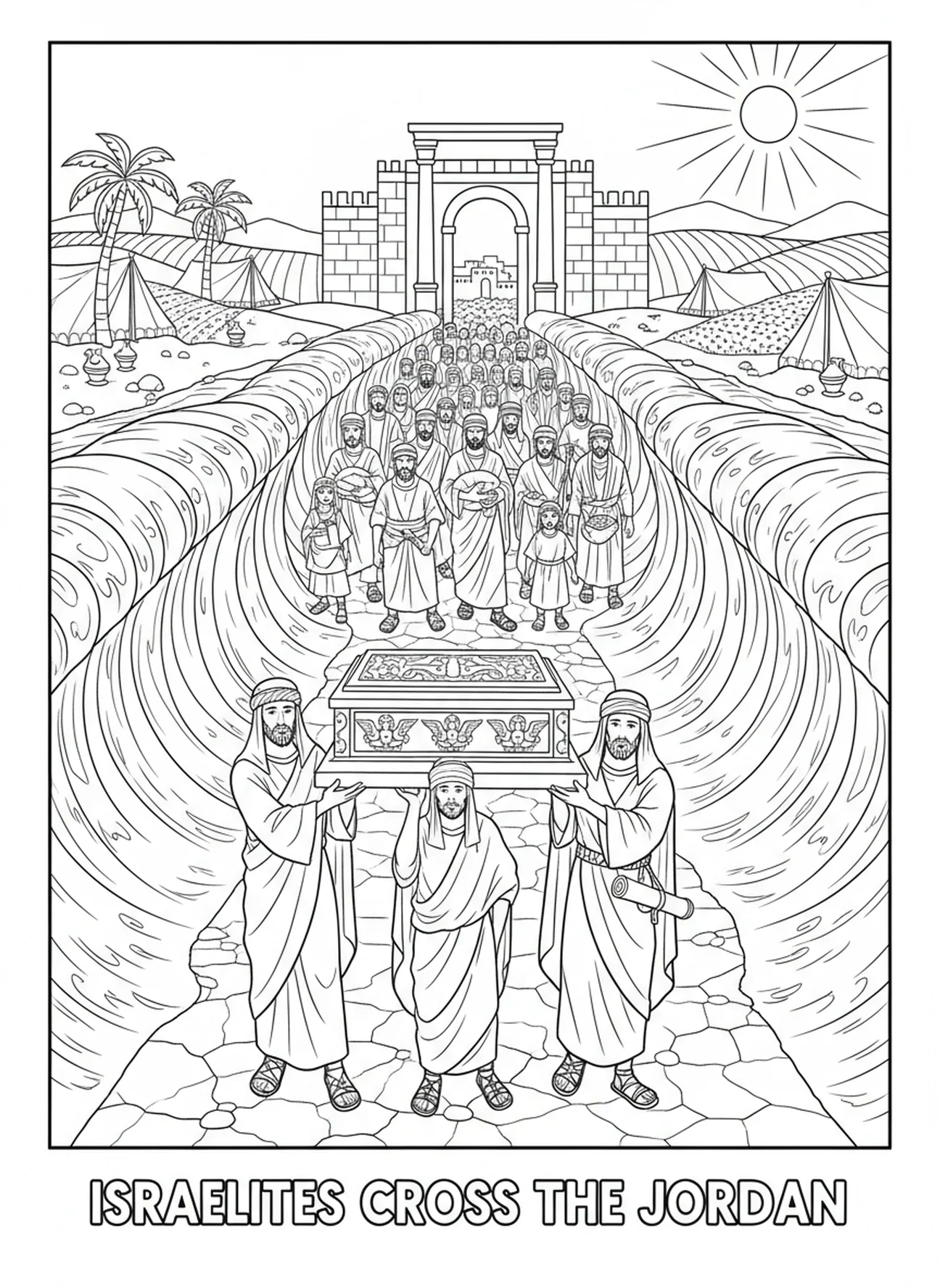 Prêtres avec l'Arche de l'Alliance, page à colorier de Josué, Sois Fort et Courageux pour les enfants de l'École du dimanche âgés de 5 à 12 ans