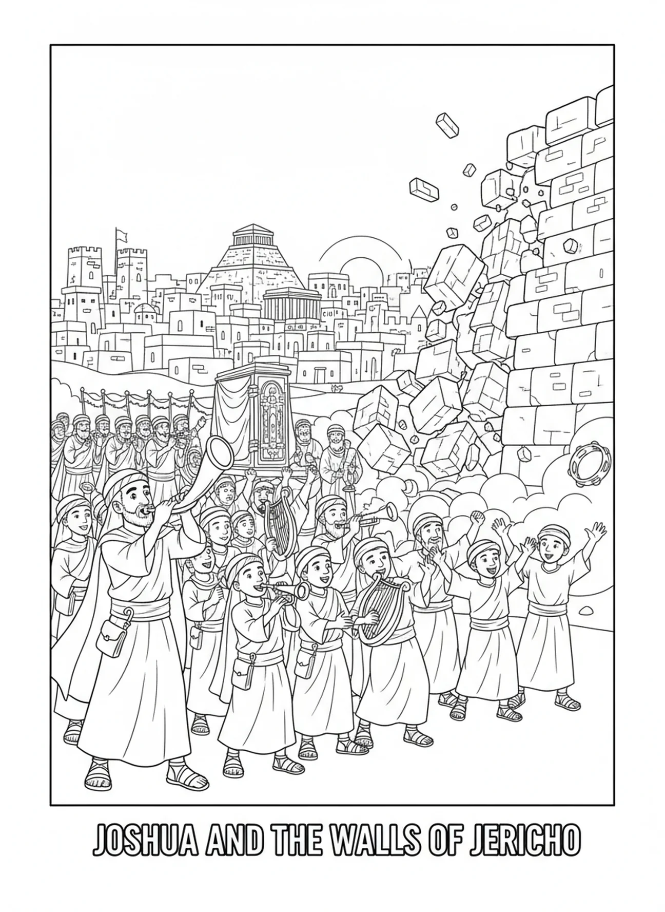 Les murs de Jéricho s'effondrent, page à colorier de Josué, Sois Fort et Courageux pour les enfants de l'École du dimanche âgés de 5 à 12 ans