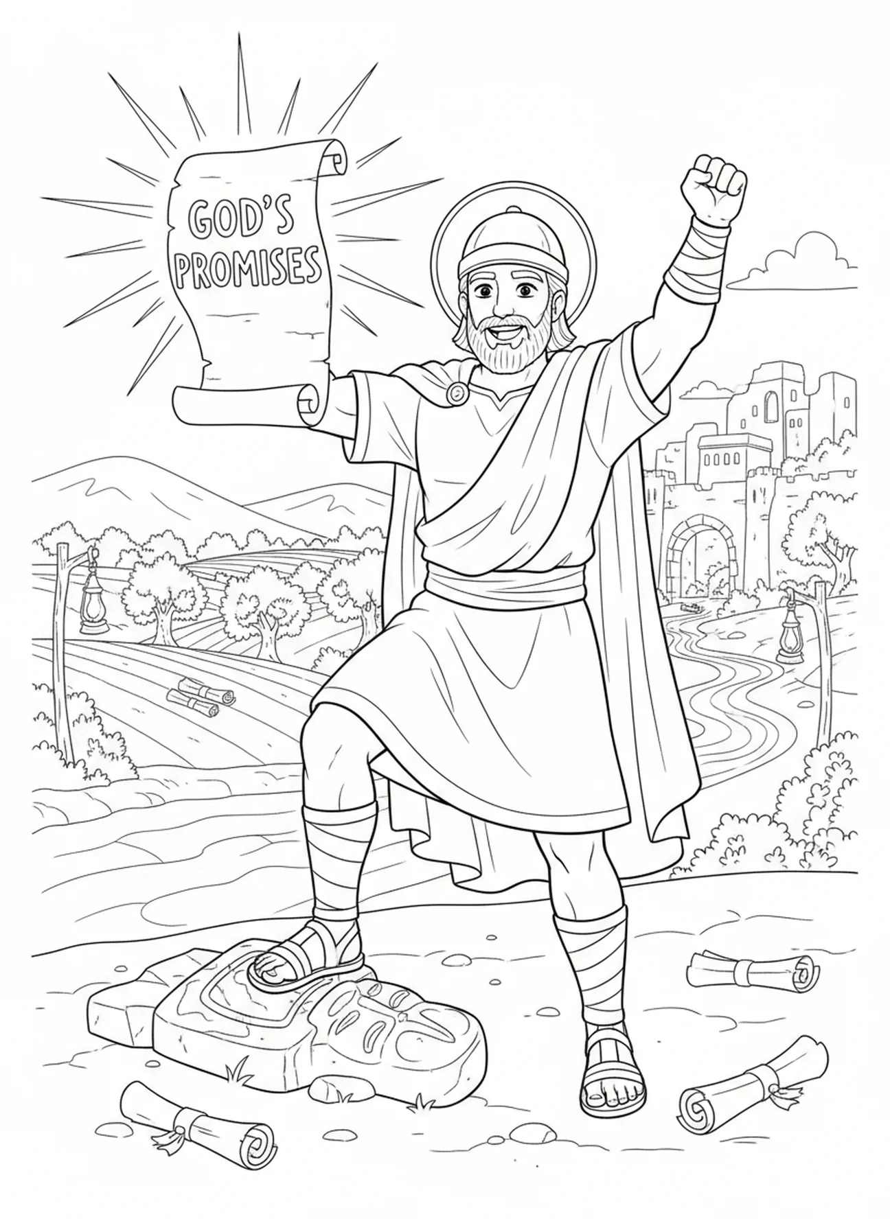 Josué avec un rouleau et la terre, page à colorier Soyez Fort et Courageux Josué pour les enfants de l'École du dimanche âgés de 5 à 12 ans