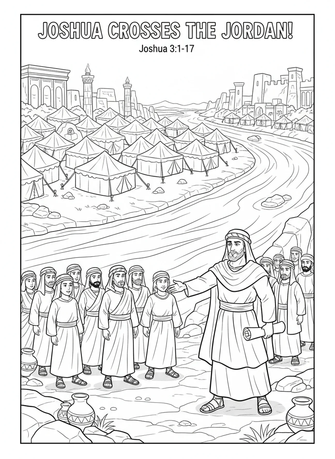 Josué rassemblant le peuple, page à colorier Soyez Fort et Courageux pour les enfants de l'École du dimanche âgés de 5 à 12 ans