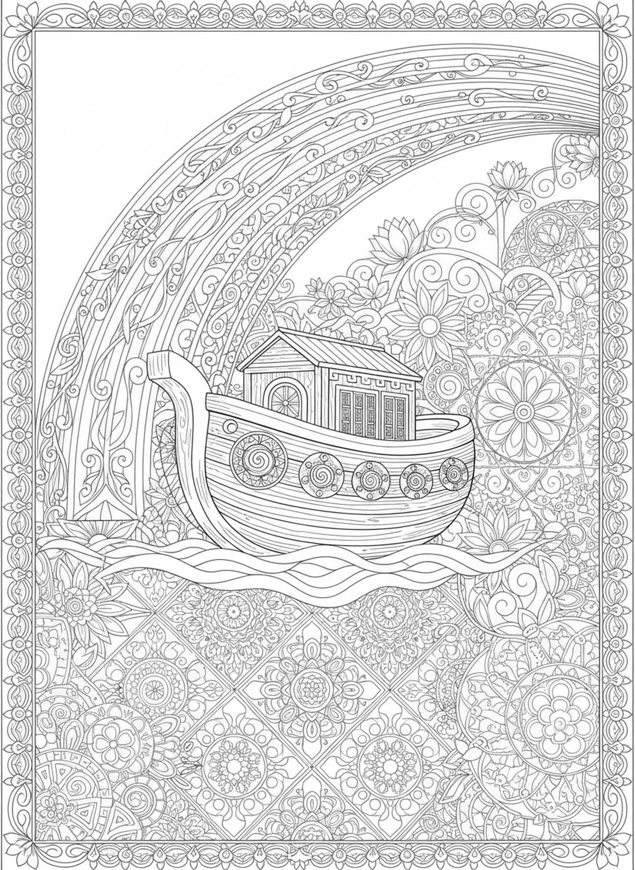 Regenbogen über der Arche, Kolosser 3,12 Ausmalbild für Erwachsene im Bibel-Journaling-Stil