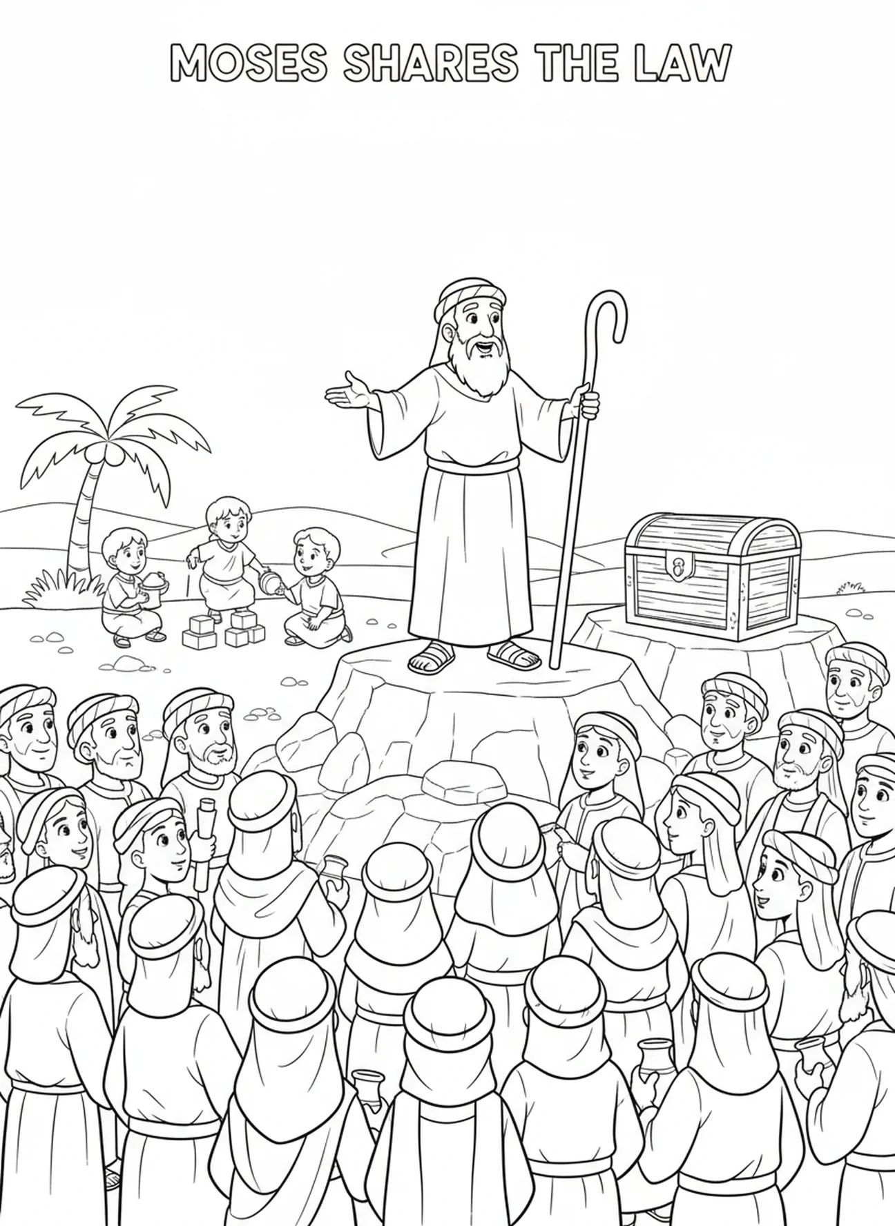 Groupe d'Israélites se rassemblant, page à colorier Deutéronome 31:6 pour enfants de 5 à 10 ans