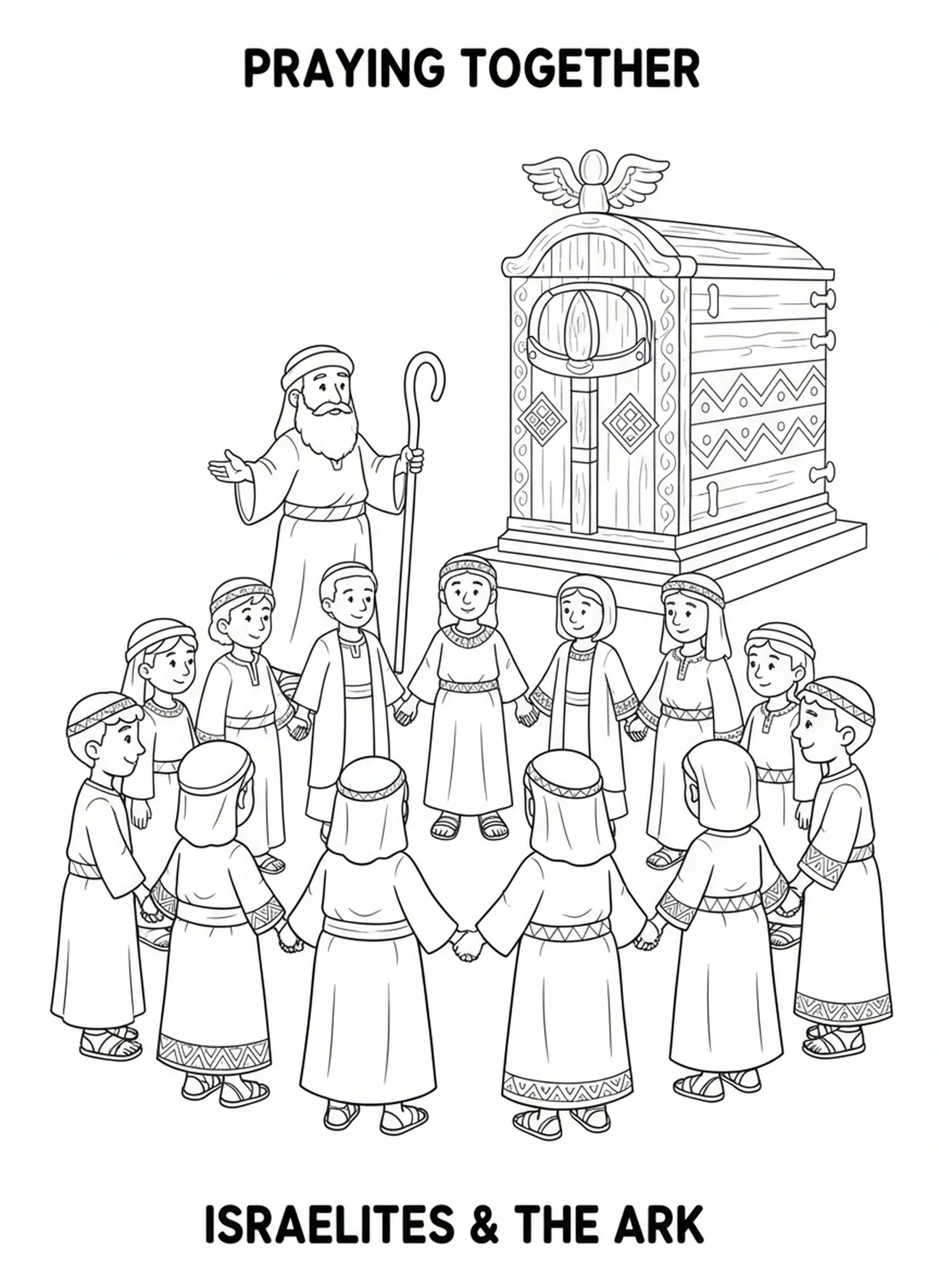 Israélites priant ensemble, page à colorier Deutéronome 31:6 pour enfants de 5 à 10 ans