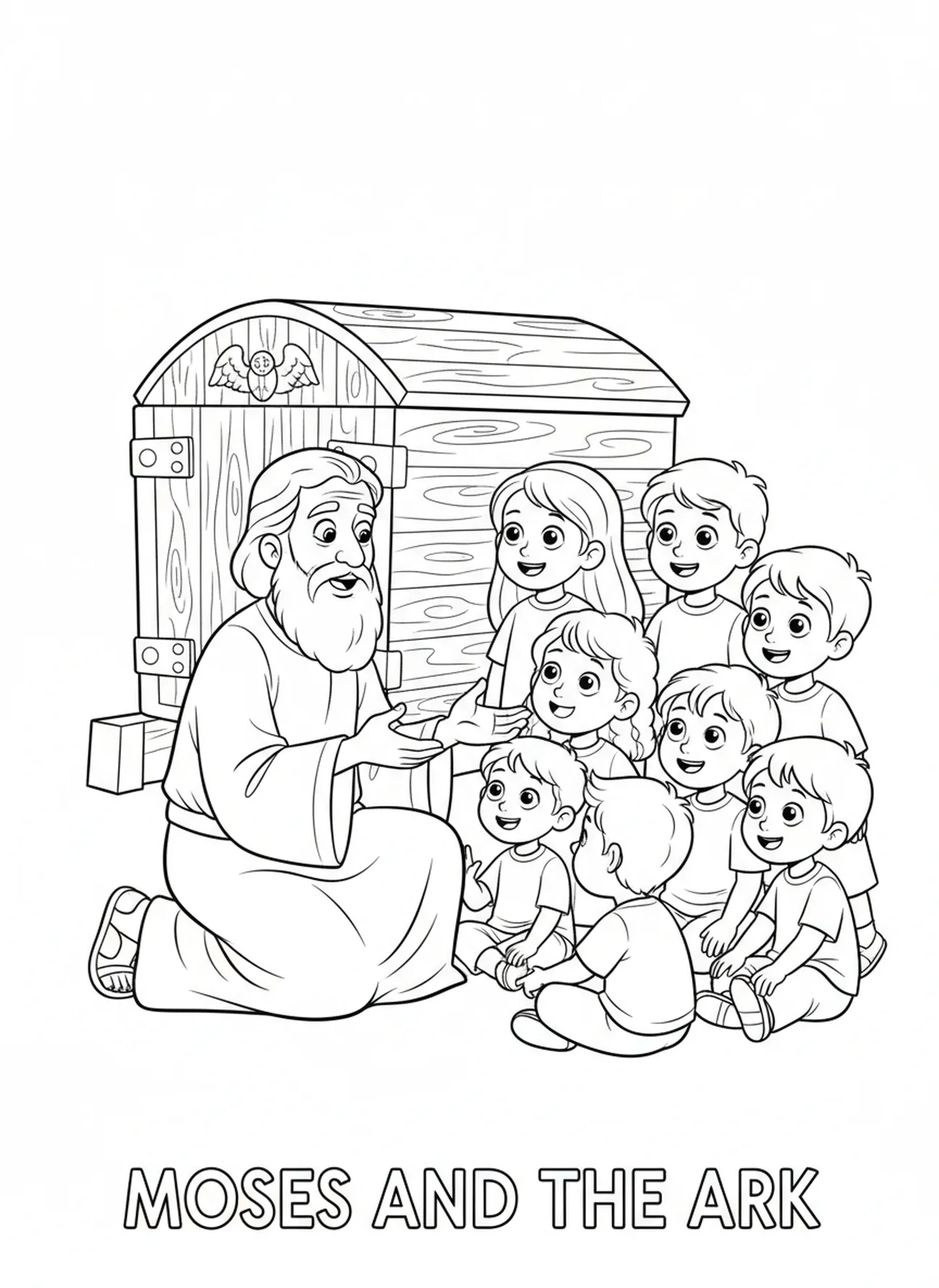 Moïse parlant aux enfants, page à colorier Deutéronome 31:6 pour les enfants de 5 à 10 ans