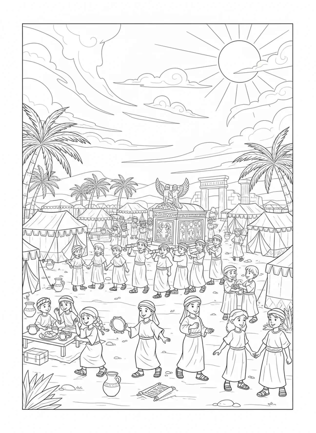 Israelitas reunidos en el campamento, página para colorear Deuteronomio 31:6 para niños de Escuela Dominical de 5 a 12 años