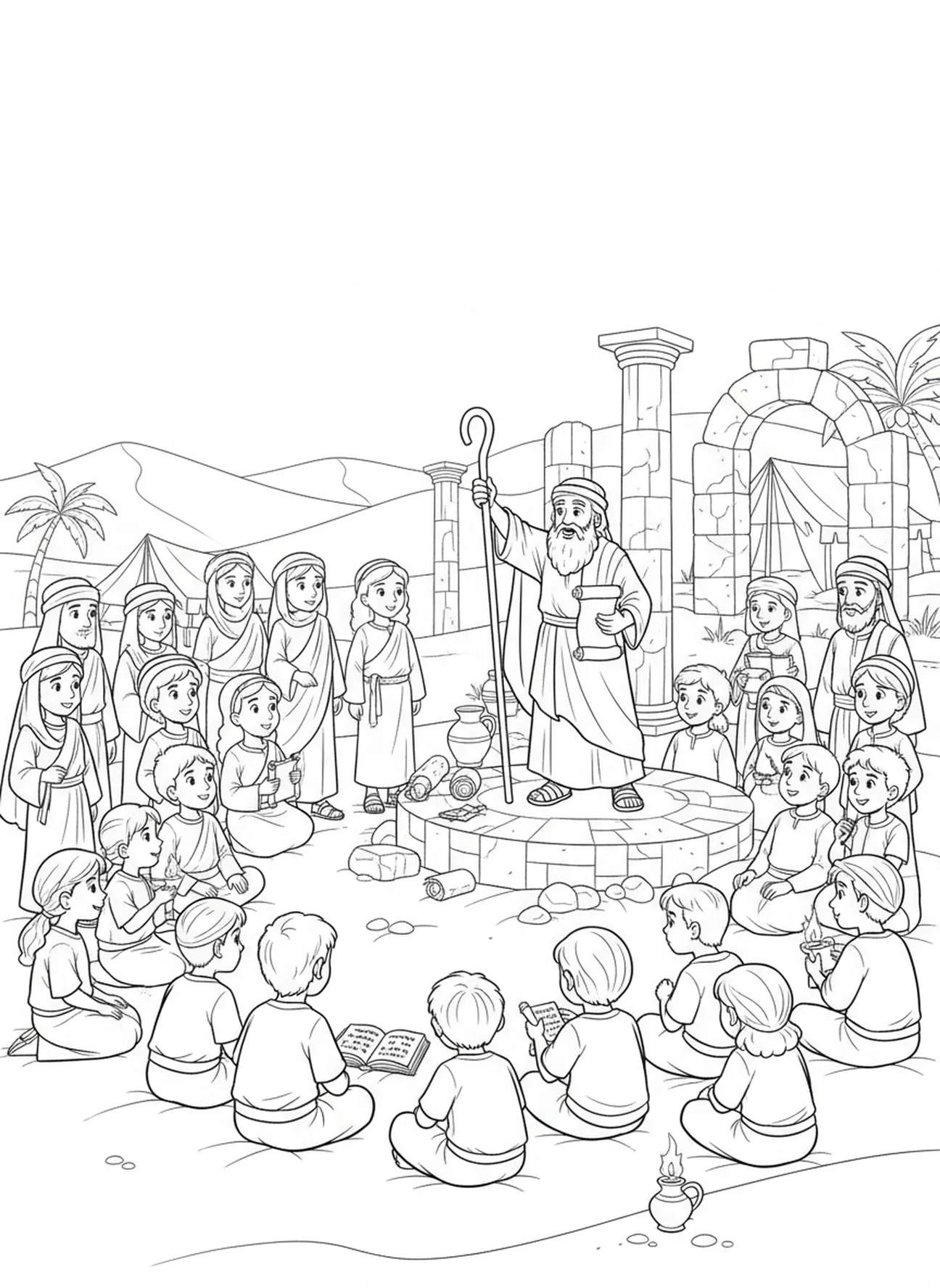 Israelitas escuchando a Moisés, página para colorear Deuteronomio 31:6 para niños de Escuela Dominical de 5 a 12 años