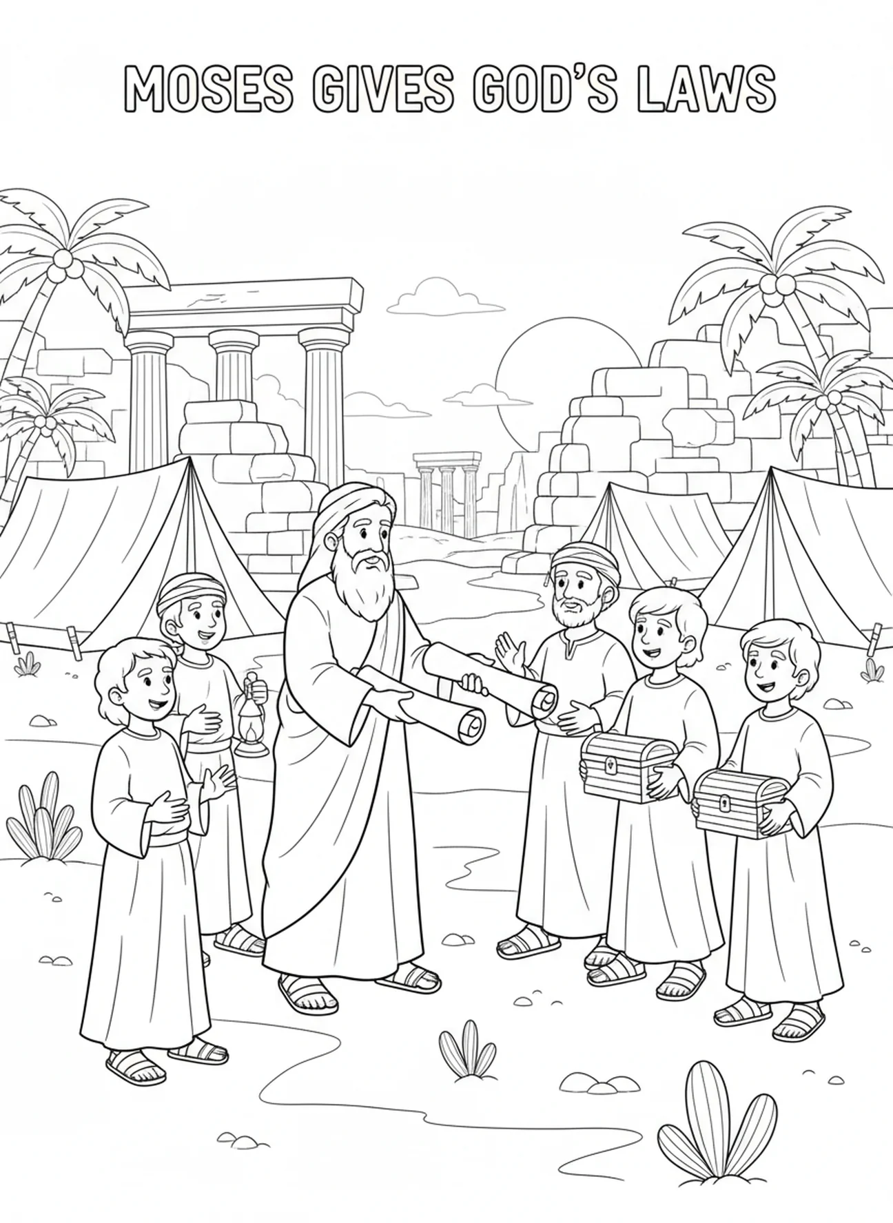 Moisés entregando los rollos a los levitas, página para colorear Deuteronomio 31:6 para niños de Escuela Dominical de 5 a 12 años