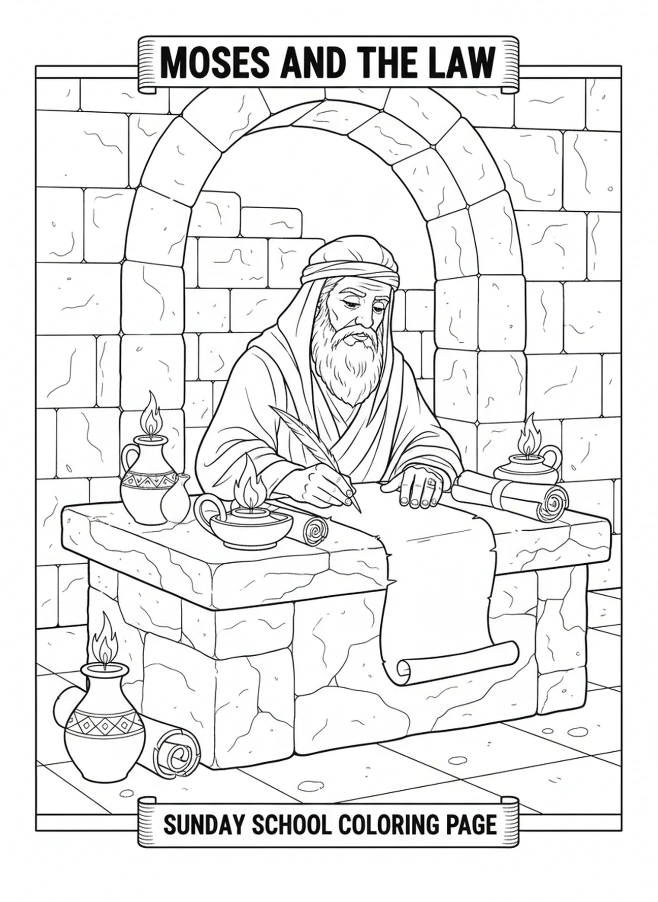 Moisés escribiendo pergaminos, página para colorear Deuteronomio 31:6 para niños de Escuela Dominical de 5 a 12 años