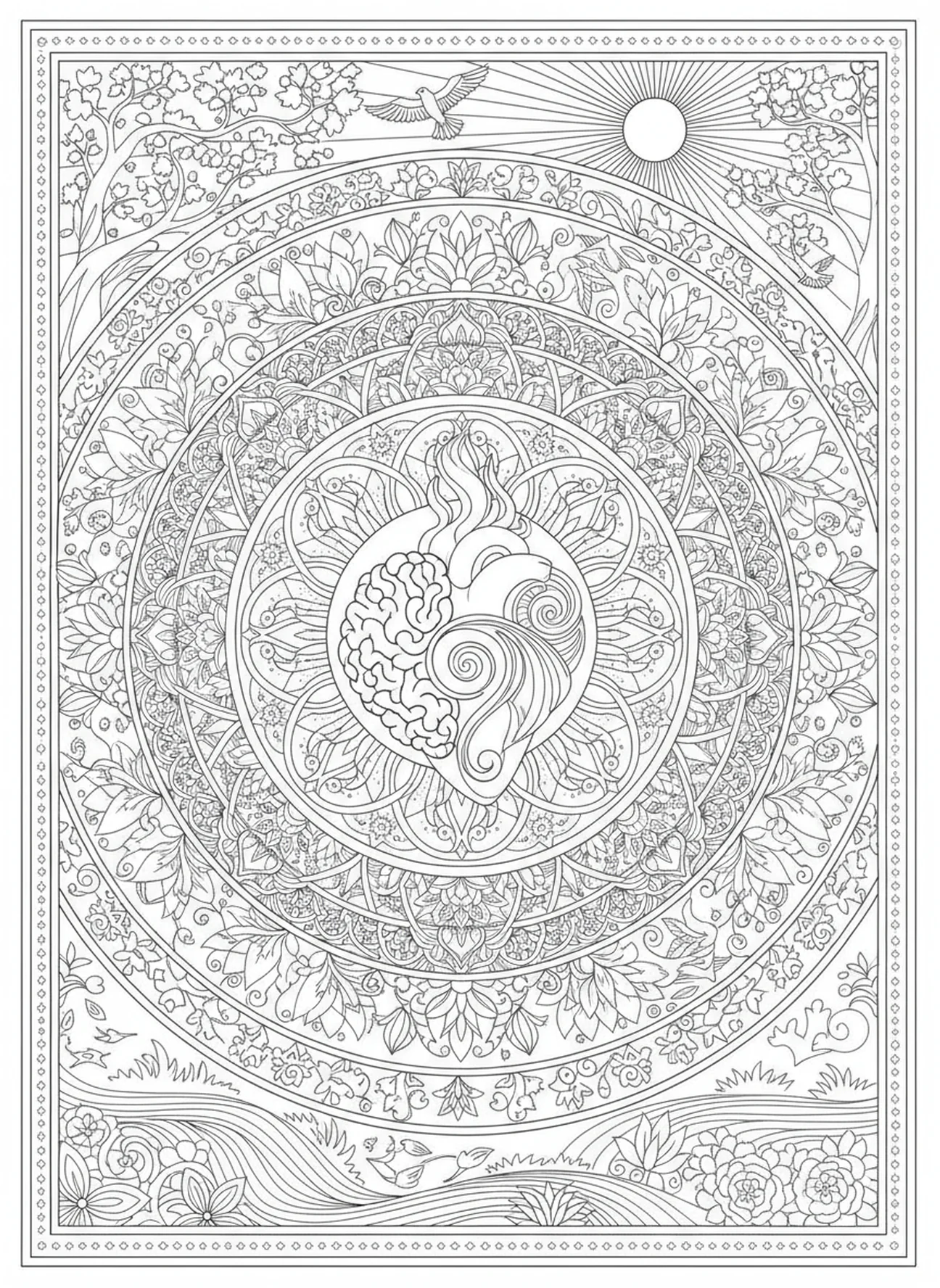 Symbole von Herz, Seele, Verstand, Deuteronomium 6:5 Ausmalbild für Erwachsene im Bibel-Journaling-Stil
