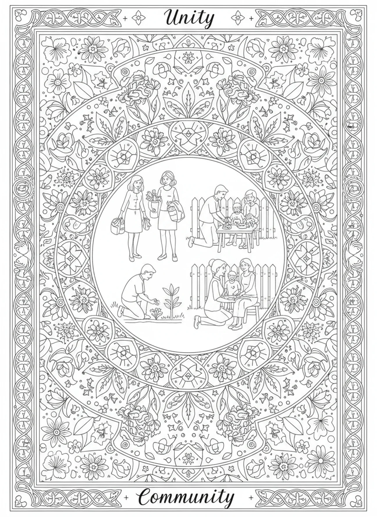 Nachbarn helfen einander, Deuteronomium 6:5 Ausmalbild für Erwachsene im Stil des Bibel-Journaling