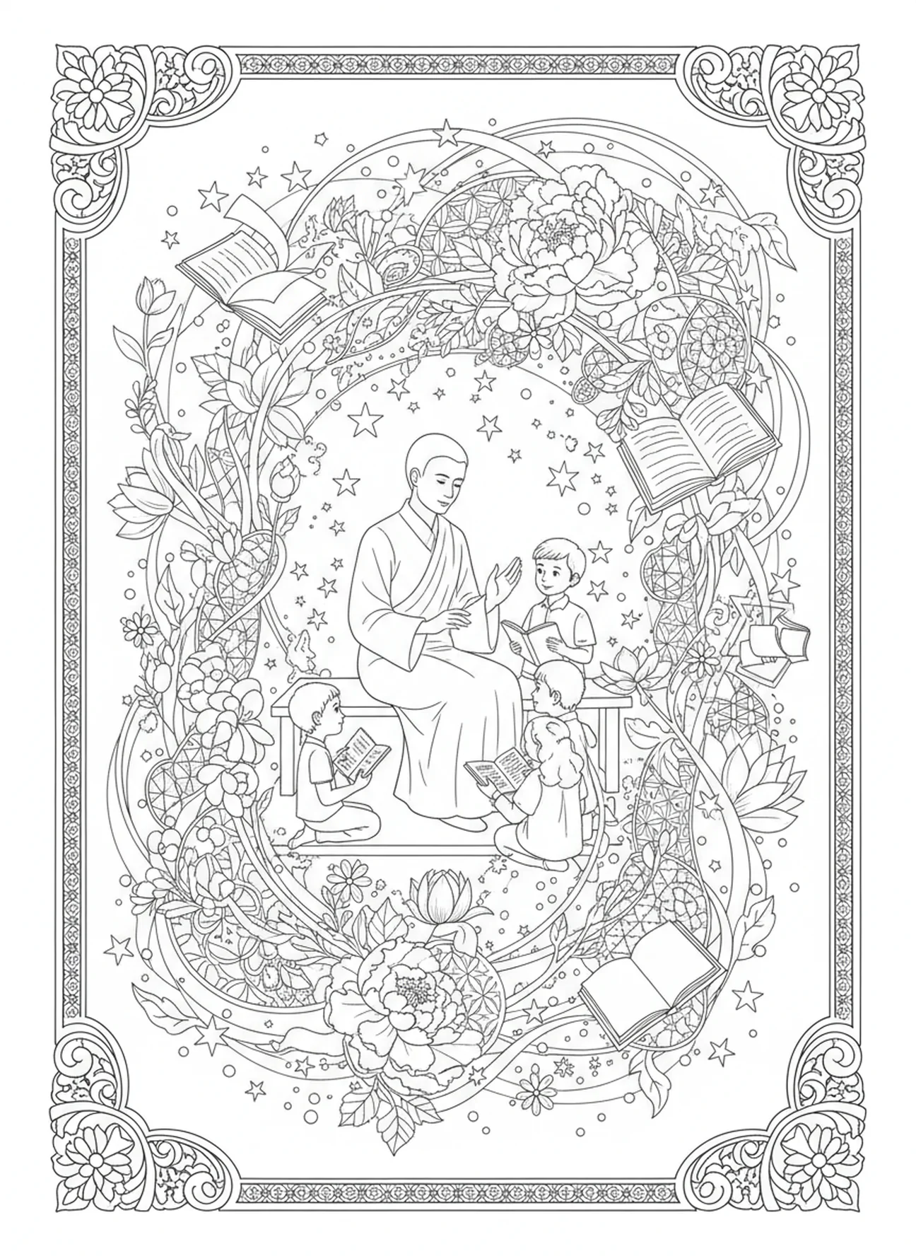 Erwachsene unterrichten Kinder, Deuteronomium 6,5 Ausmalbild für Erwachsene im Bibel-Journaling-Stil