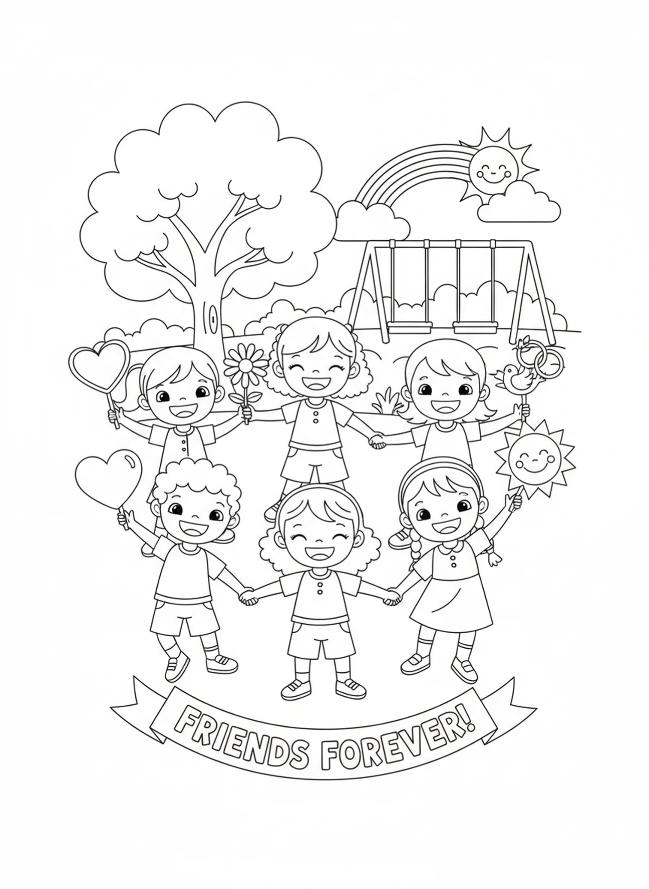 Niños diversos jugando juntos, página para colorear Deuteronomio 6:5 para niños de 5 a 10 años.