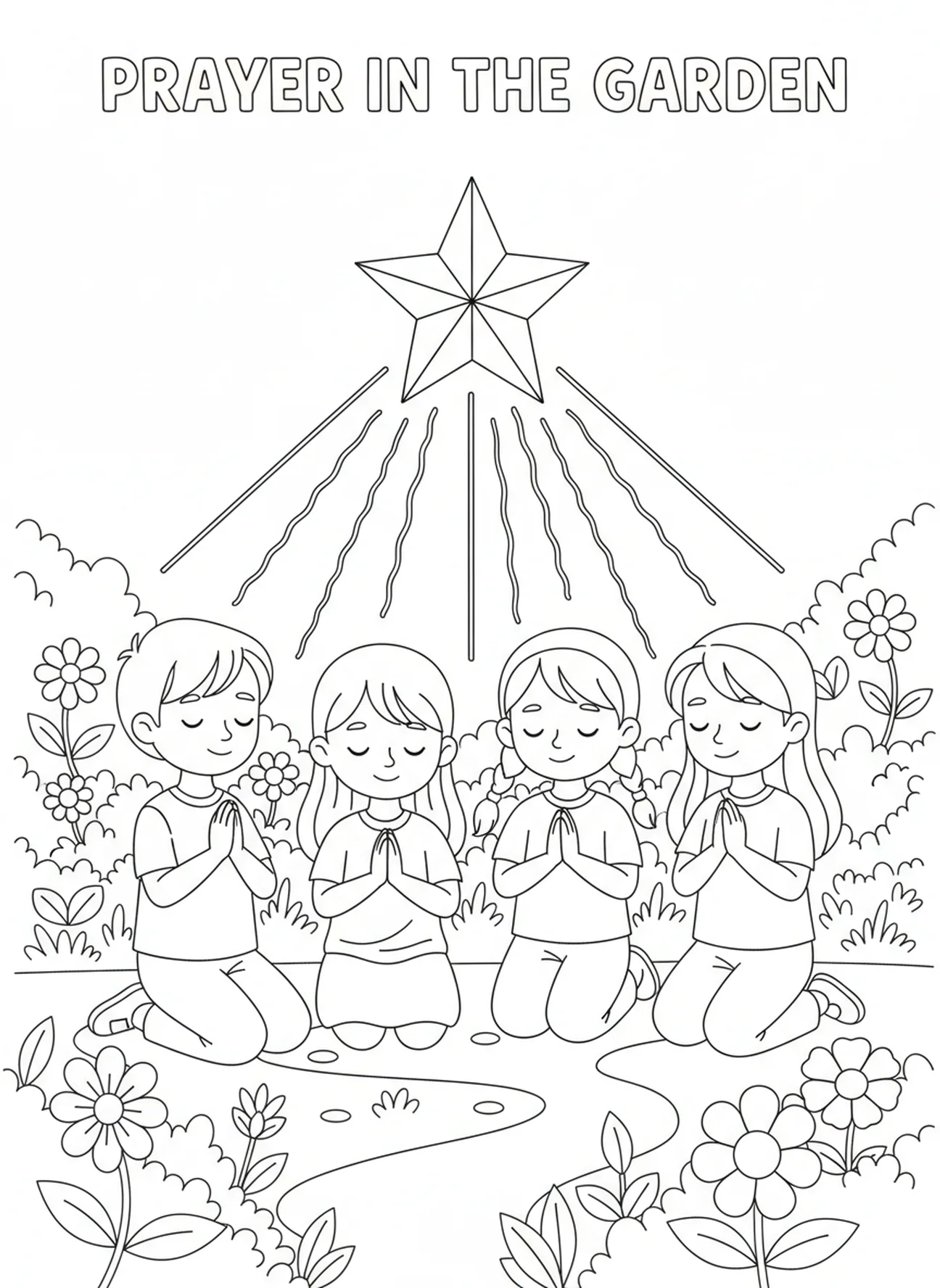 Niños orando en un jardín, página para colorear Deuteronomio 6:5 para niños de 5 a 10 años.