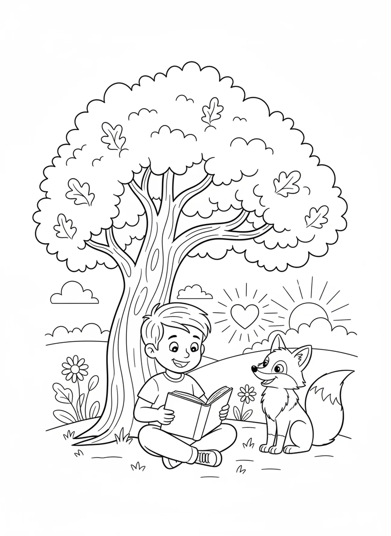 Niño leyendo bajo un árbol, página para colorear Deuteronomio 6:5 para niños de 5 a 10 años.