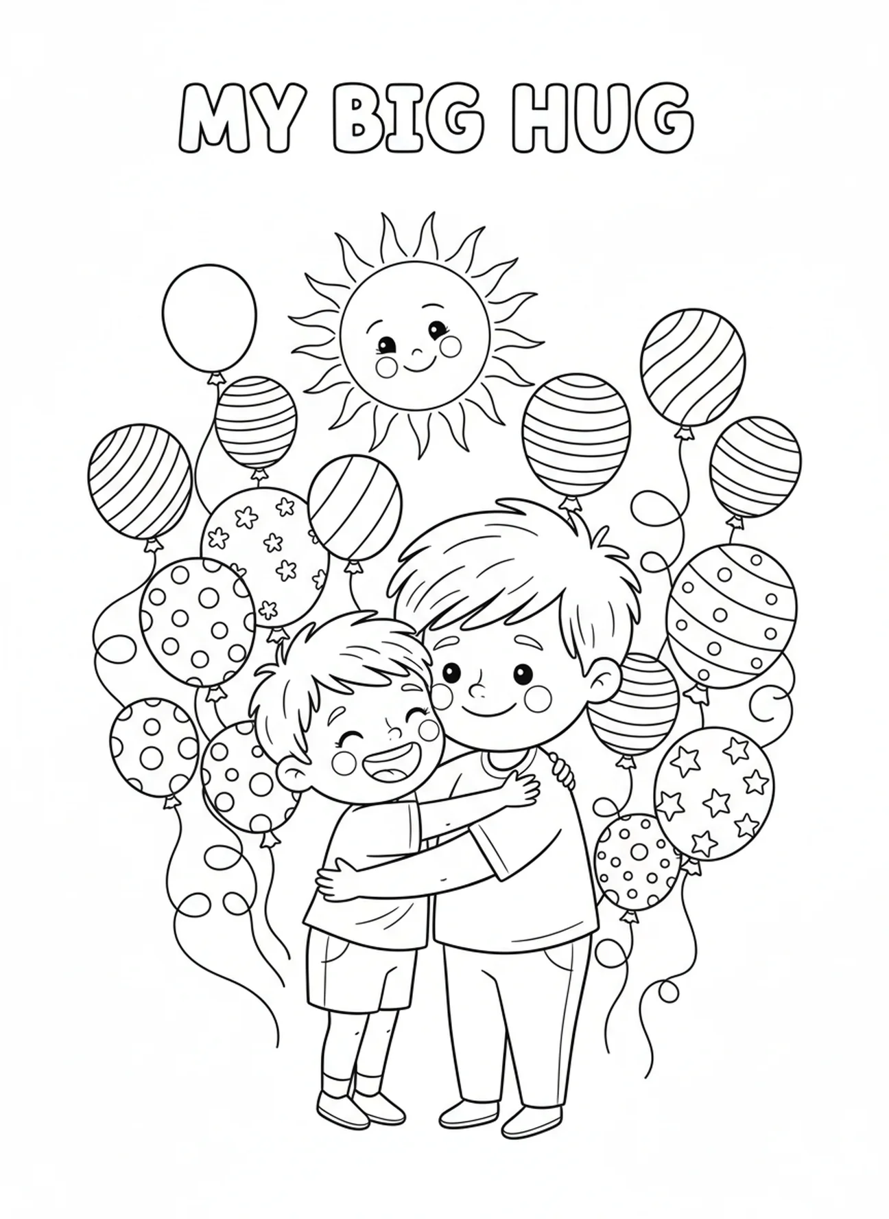 Niño abrazando a un padre, página para colorear Deuteronomio 6:5 para niños de 5 a 10 años.
