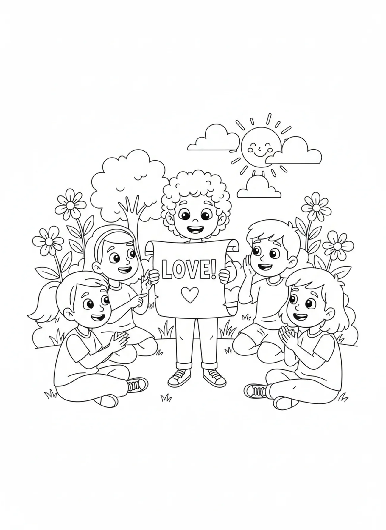 Niño compartiendo un pergamino, página para colorear Deuteronomio 6:5 para niños de 5 a 10 años.