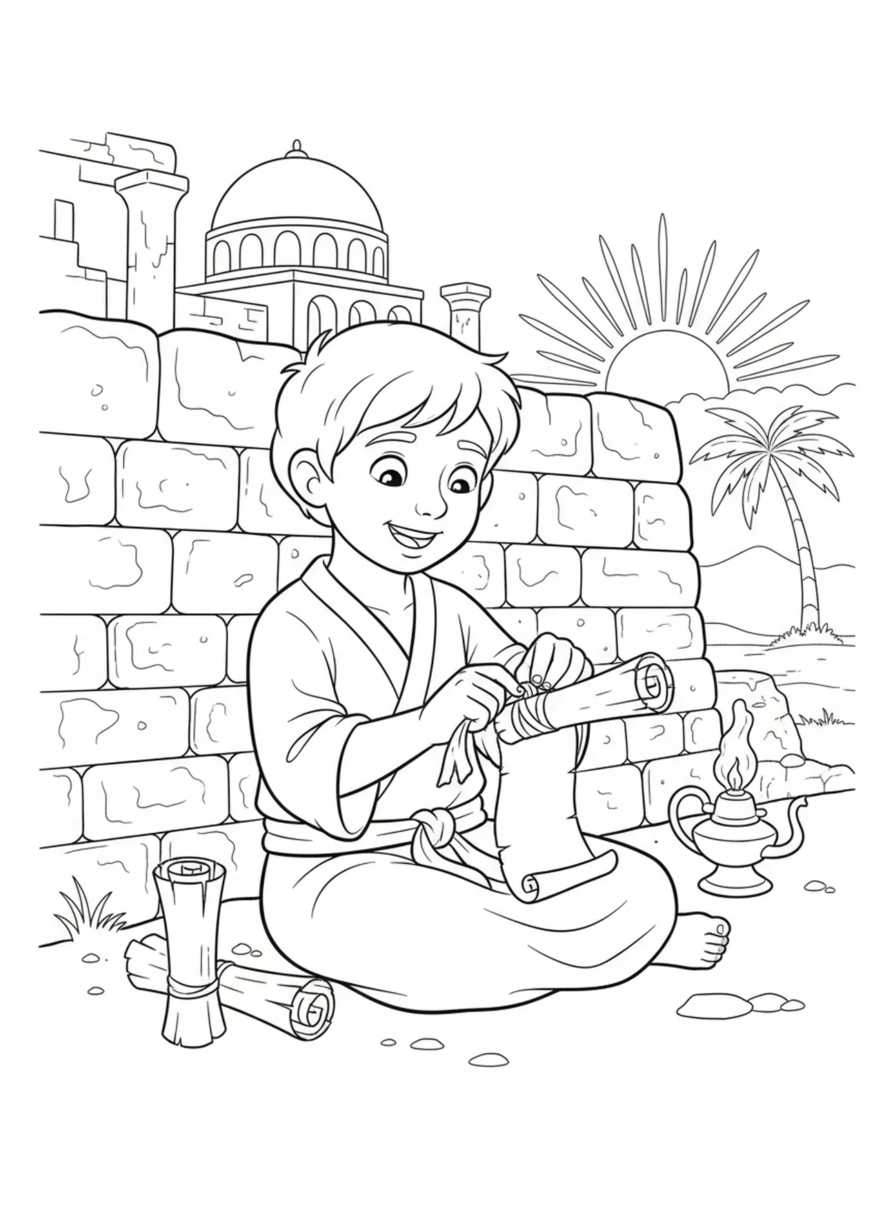 Niño atando un rollo, Deuteronomio 6:5 página para colorear para niños de Escuela Dominical de 5 a 12 años.