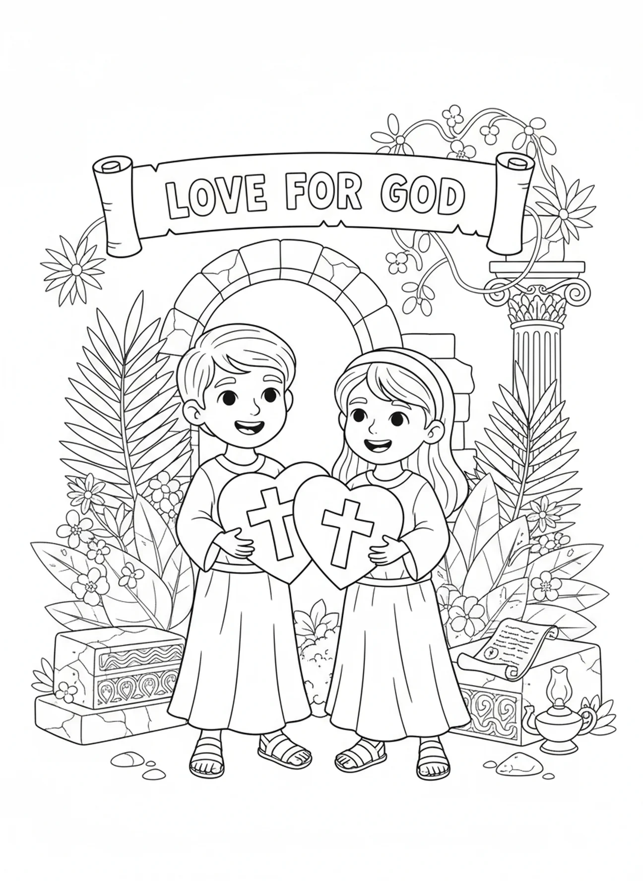 Niños sosteniendo corazones, página para colorear Deuteronomio 6:5 para niños de Escuela Dominical de 5 a 12 años.