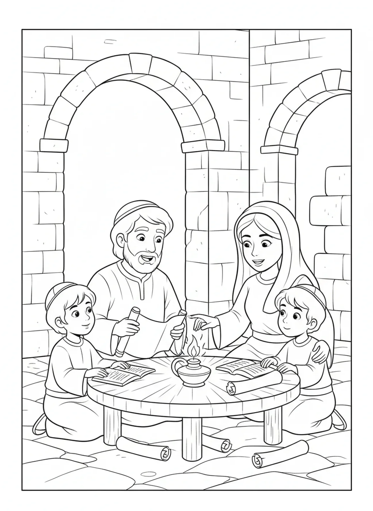 Familia discutiendo las escrituras, página para colorear Deuteronomio 6:5 para niños de la Escuela Dominical de 5 a 12 años.