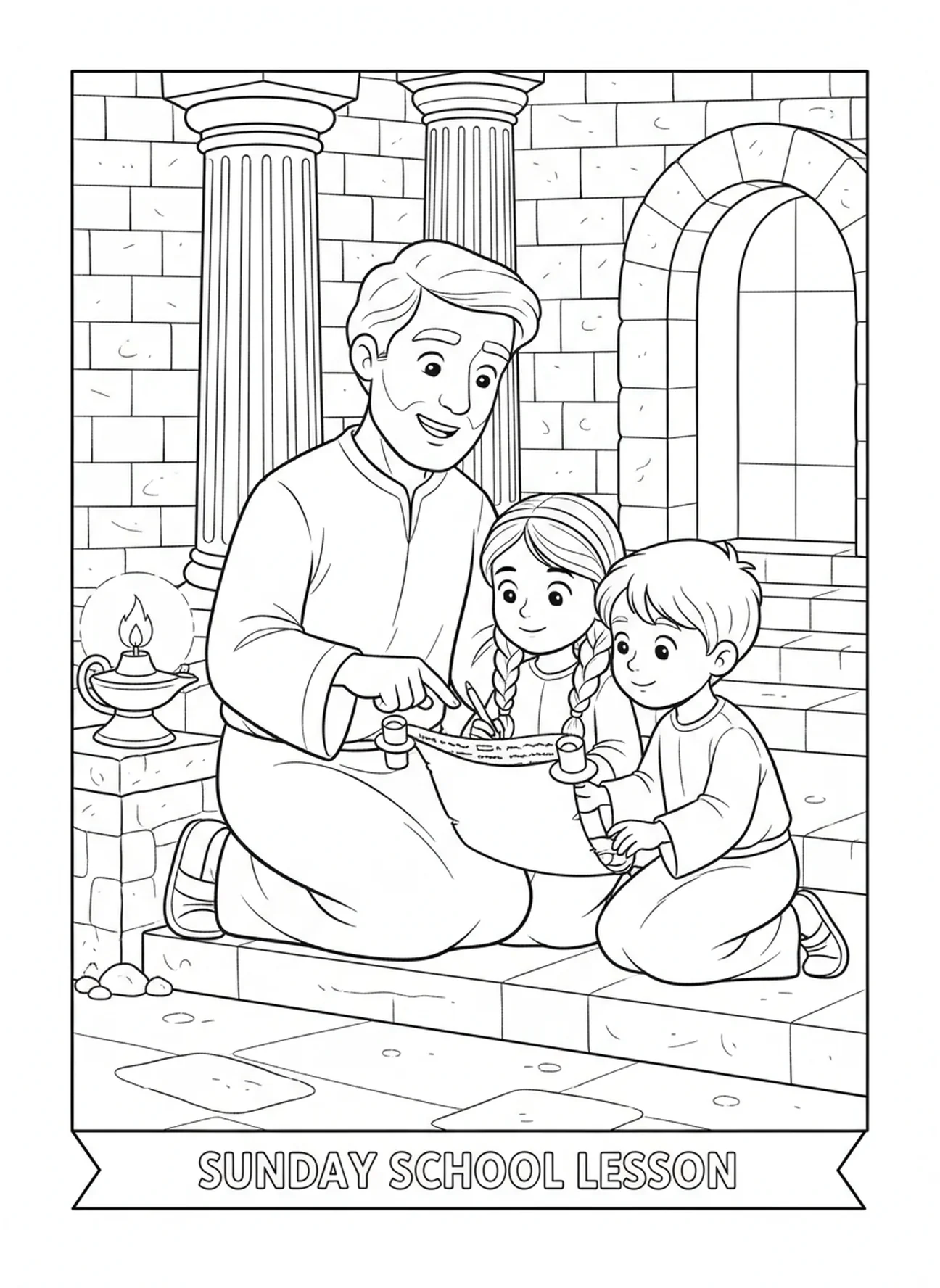 Padre enseñando a los niños, página para colorear Deuteronomio 6:5 para niños de Escuela Dominical de 5 a 12 años.