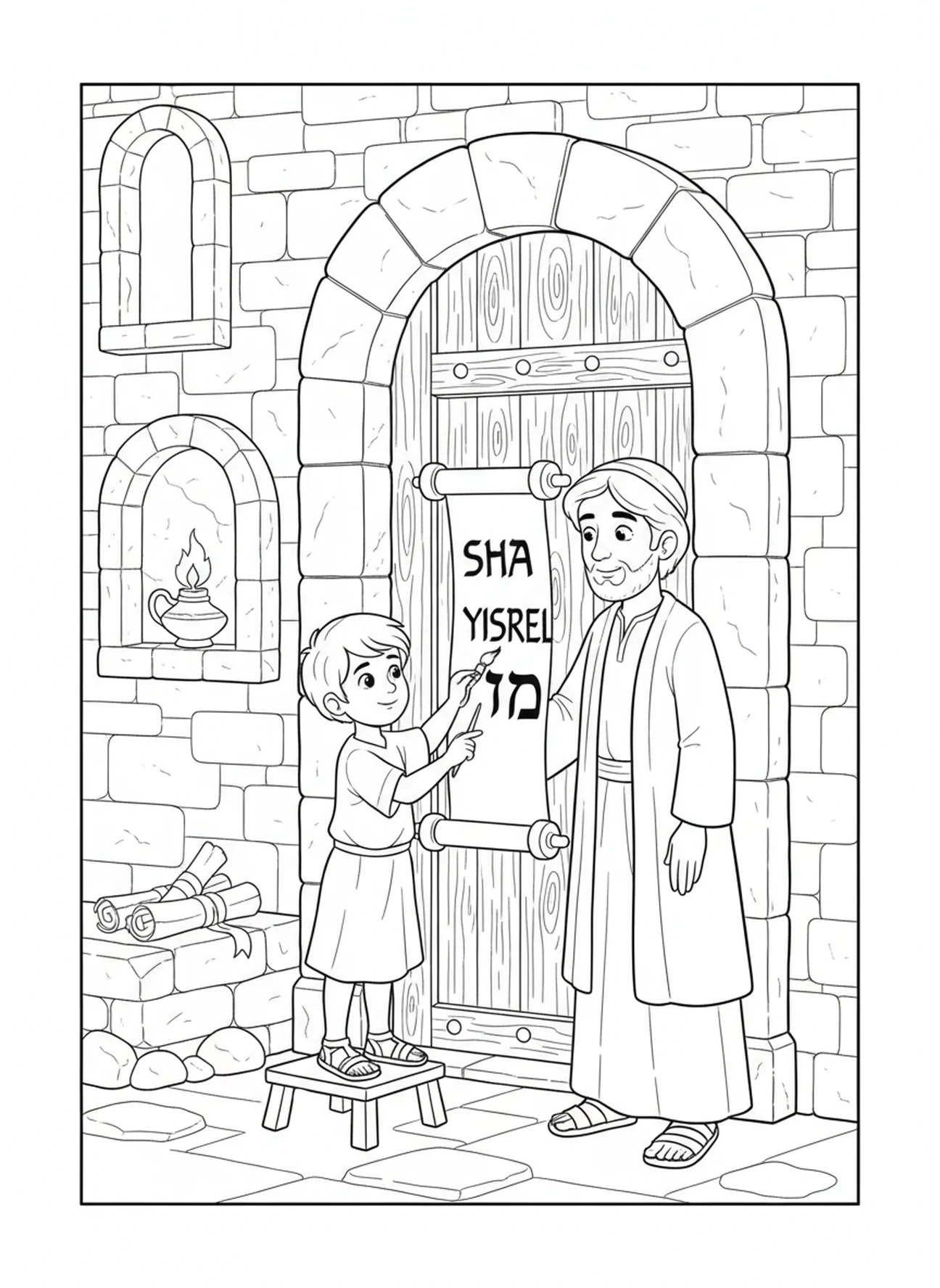 Niño pintando un marco de puerta, página para colorear Deuteronomio 6:5 para niños de Escuela Dominical de 5 a 12 años.