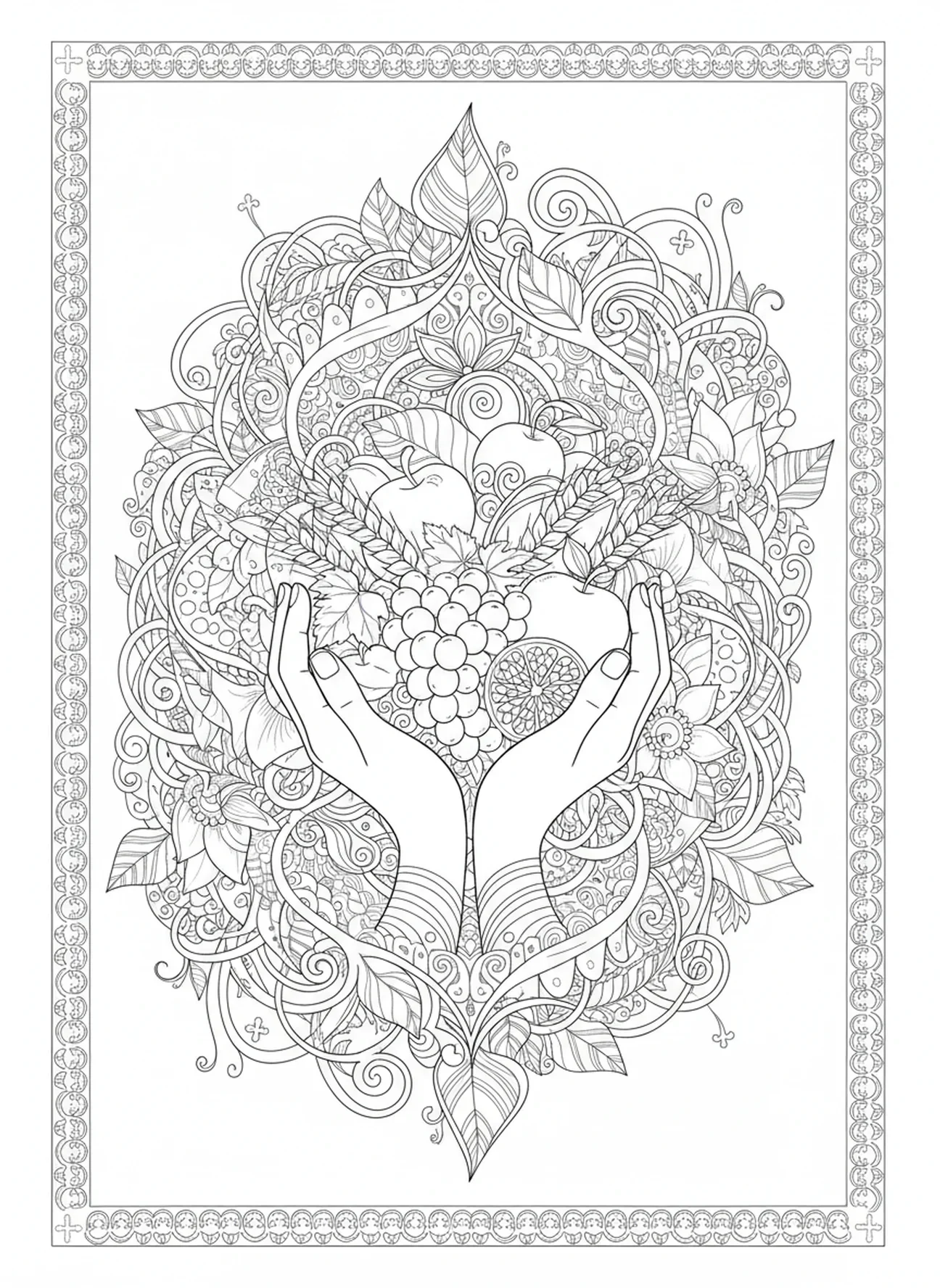 Manos recogiendo frutas, Eclesiastés 3:1 página para colorear estilo journaling bíblico para adultos.