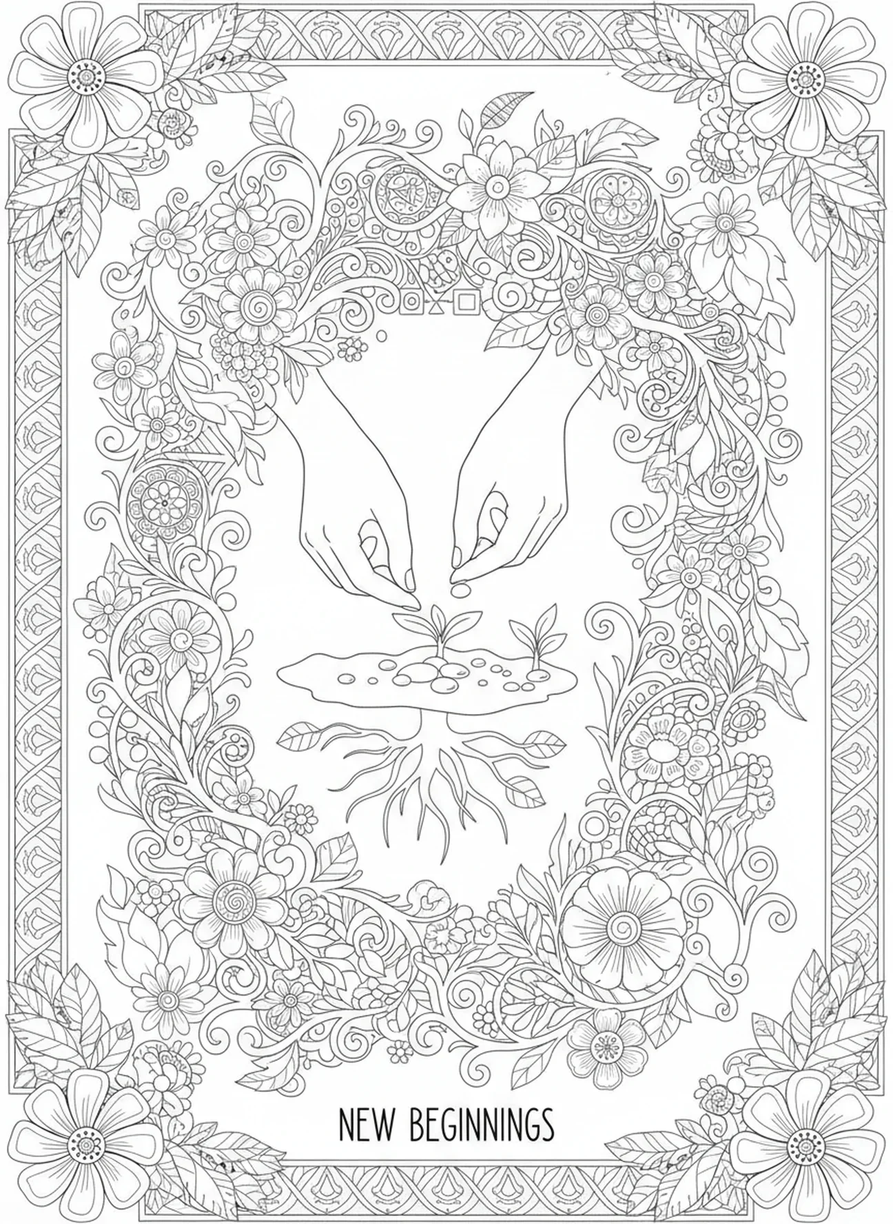 Manos plantando semillas, página para colorear de Eclesiastés 3:1 en estilo de journaling bíblico para adultos.