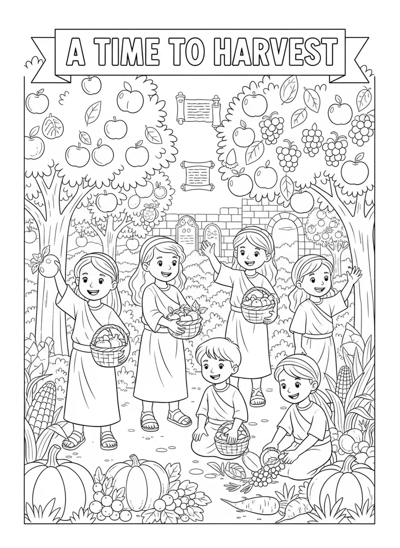 Crianças colhendo frutas, página de colorir de Eclesiastes 3:1 para crianças da Escola Dominical de 5 a 12 anos.