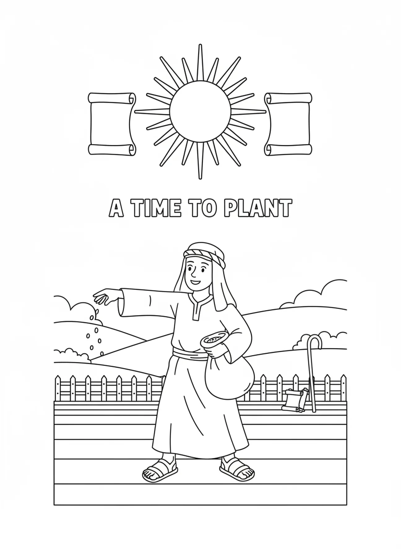 Agricultor semeando sementes, Eclesiastes 3:1 página de colorir para crianças da Escola Dominical de 5 a 12 anos.