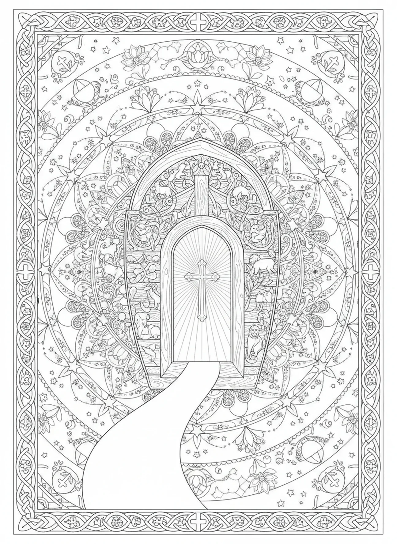 L'arche avec une porte ouverte et de la lumière, Éphésiens 2:8-9 page à colorier pour adultes dans un style de journal biblique