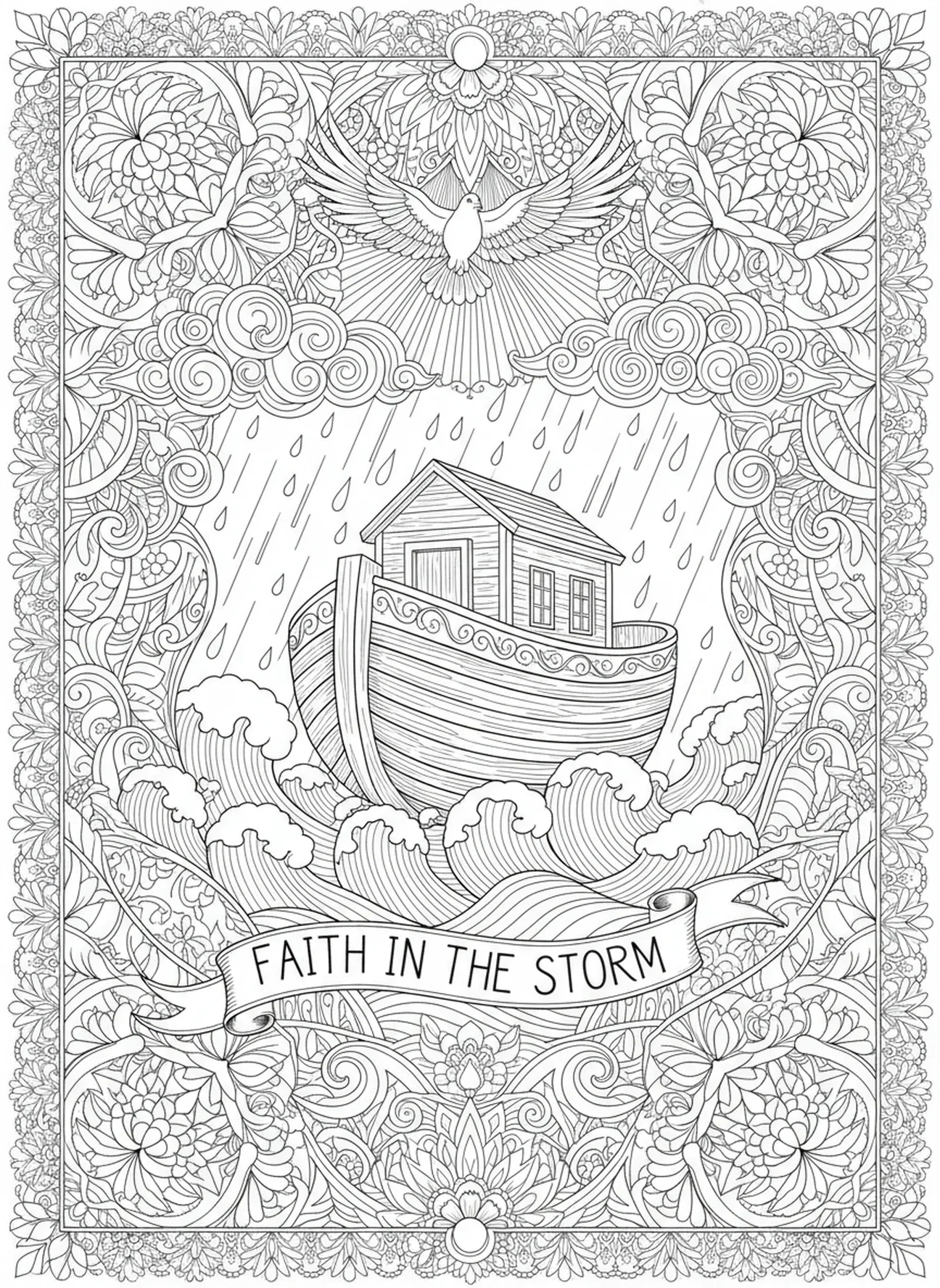 L'arche au milieu des vagues orageuses, page à colorier Éphésiens 2:8-9 pour adultes dans un style de journal biblique