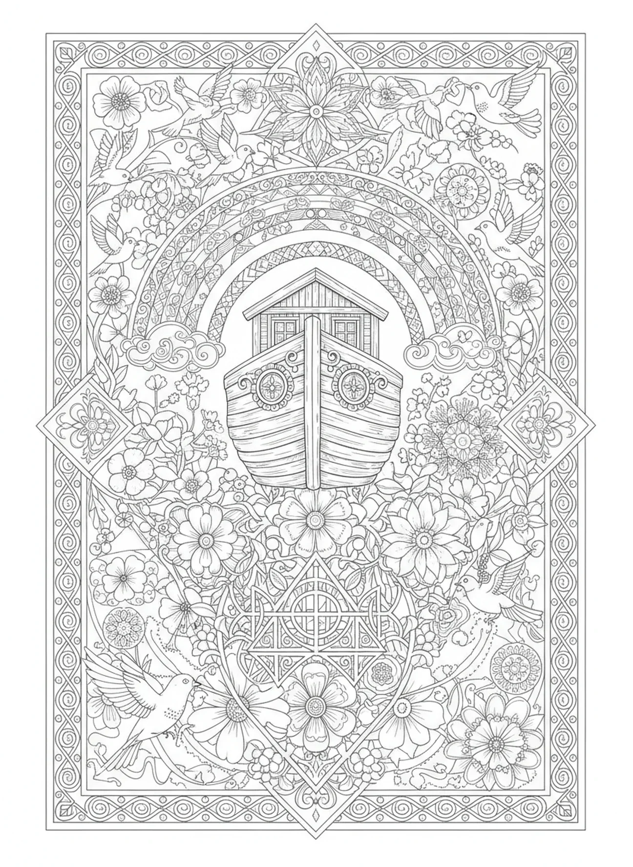 L'arche sous un arc-en-ciel, Éphésiens 2:8-9 page à colorier pour adultes dans un style de journal biblique
