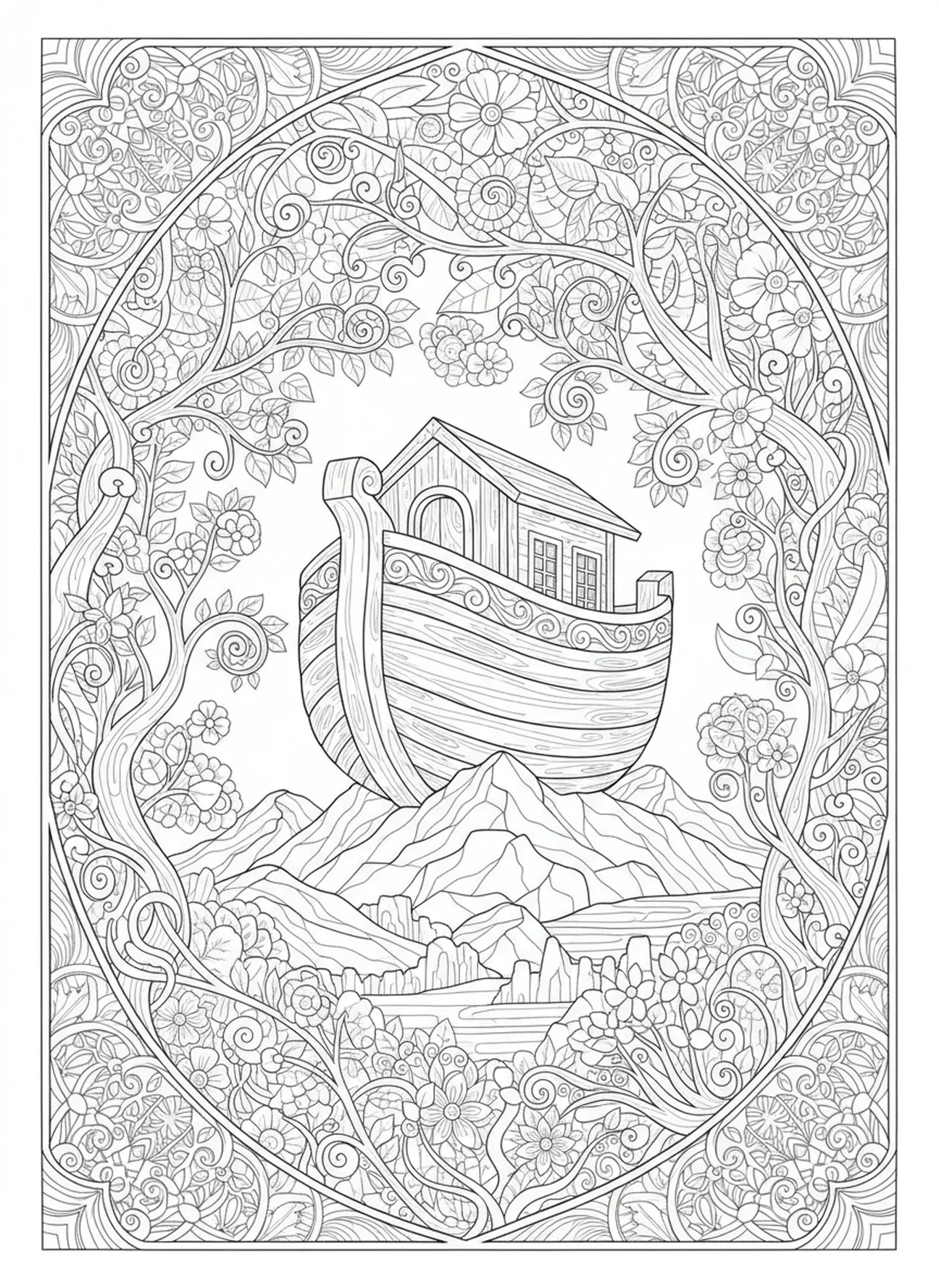 Arche sereine sur un paysage montagneux, Éphésiens 2:8-9 page à colorier pour adultes dans un style de journal biblique